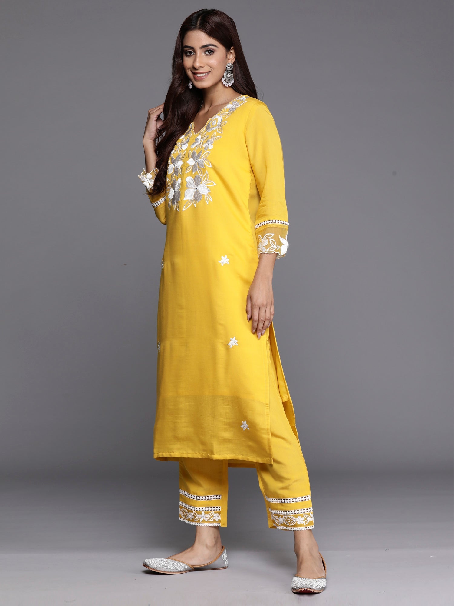 Indo Era Yellow Embroidered Straight Kurta Trousers With Dupatta set