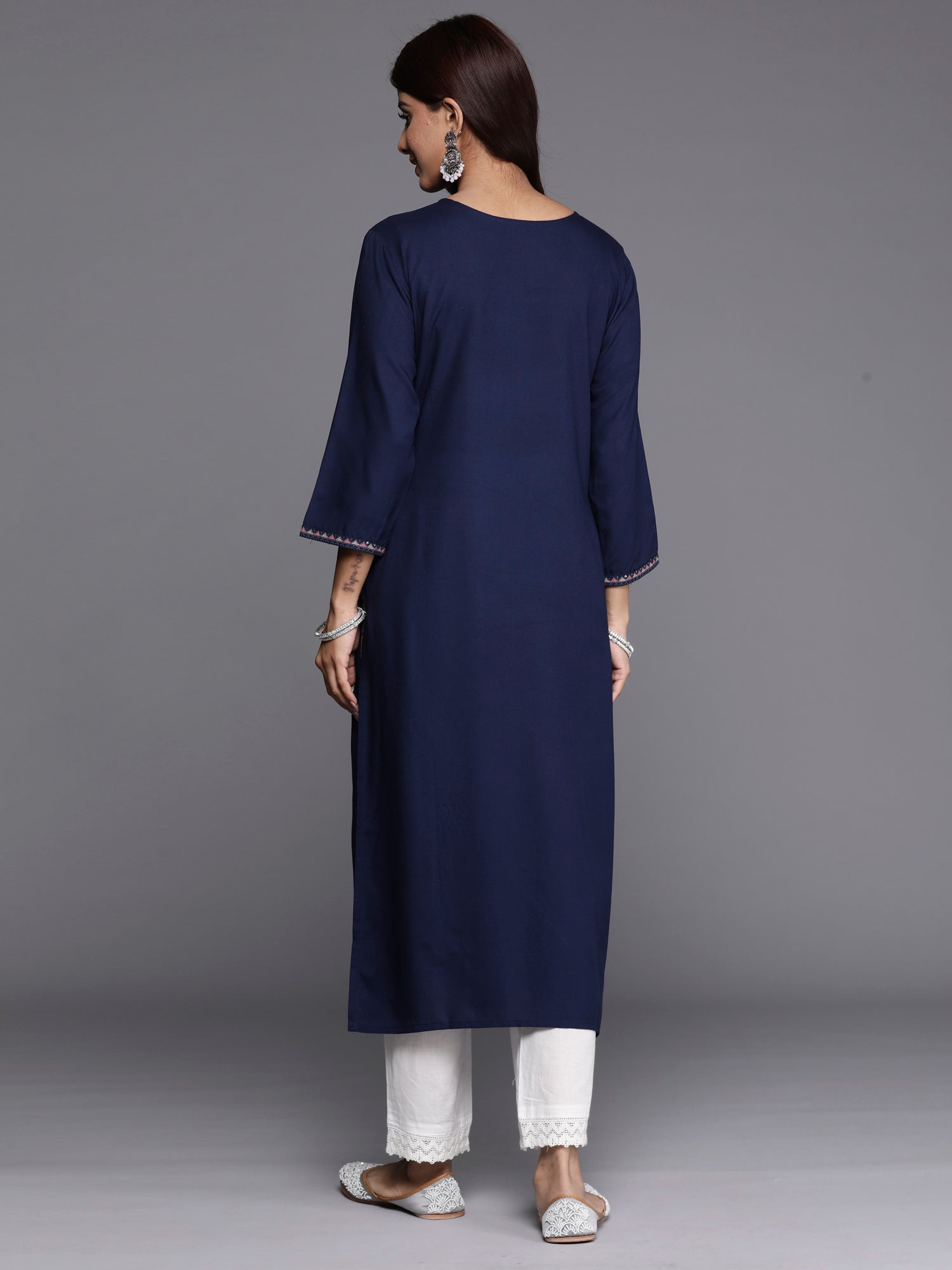 Indo Era Navy Blue Embroidered Straight Kurta