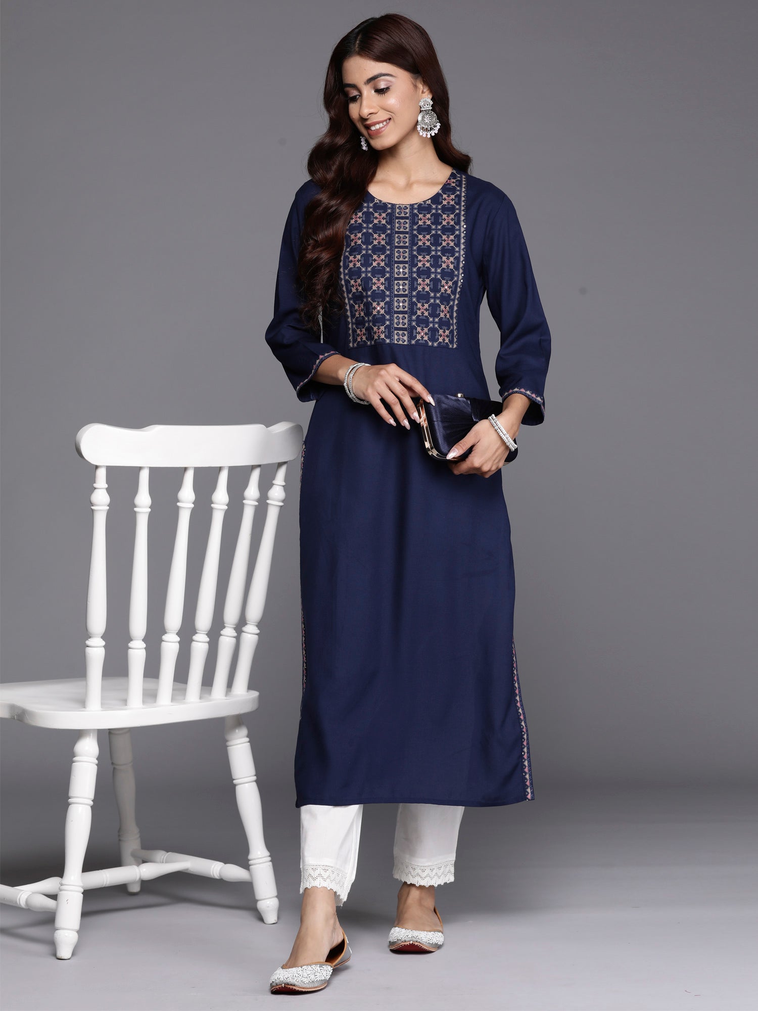 Indo Era Navy Blue Embroidered Straight Kurta