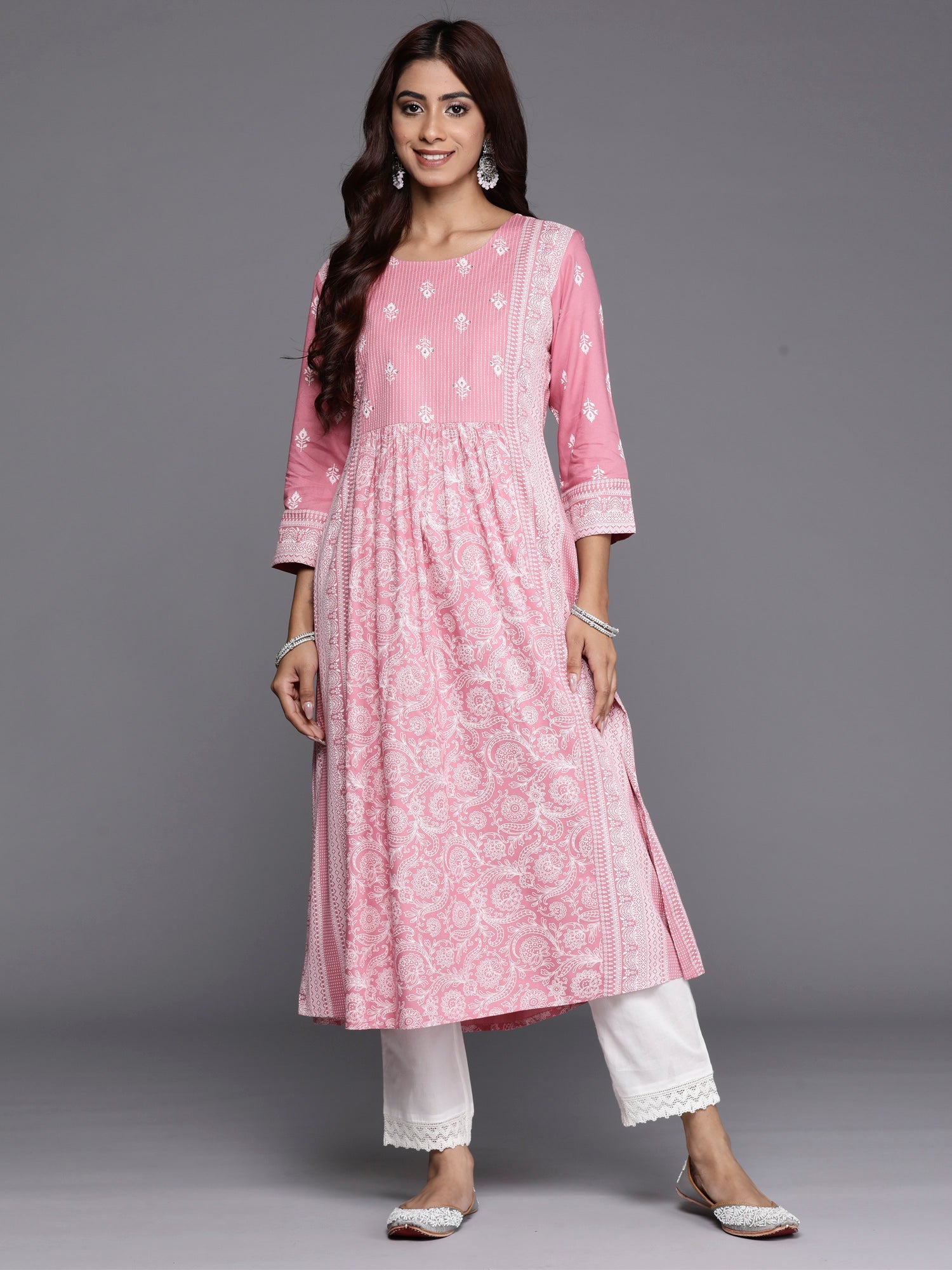 Indo Era Pink Printed A-Line Kurta