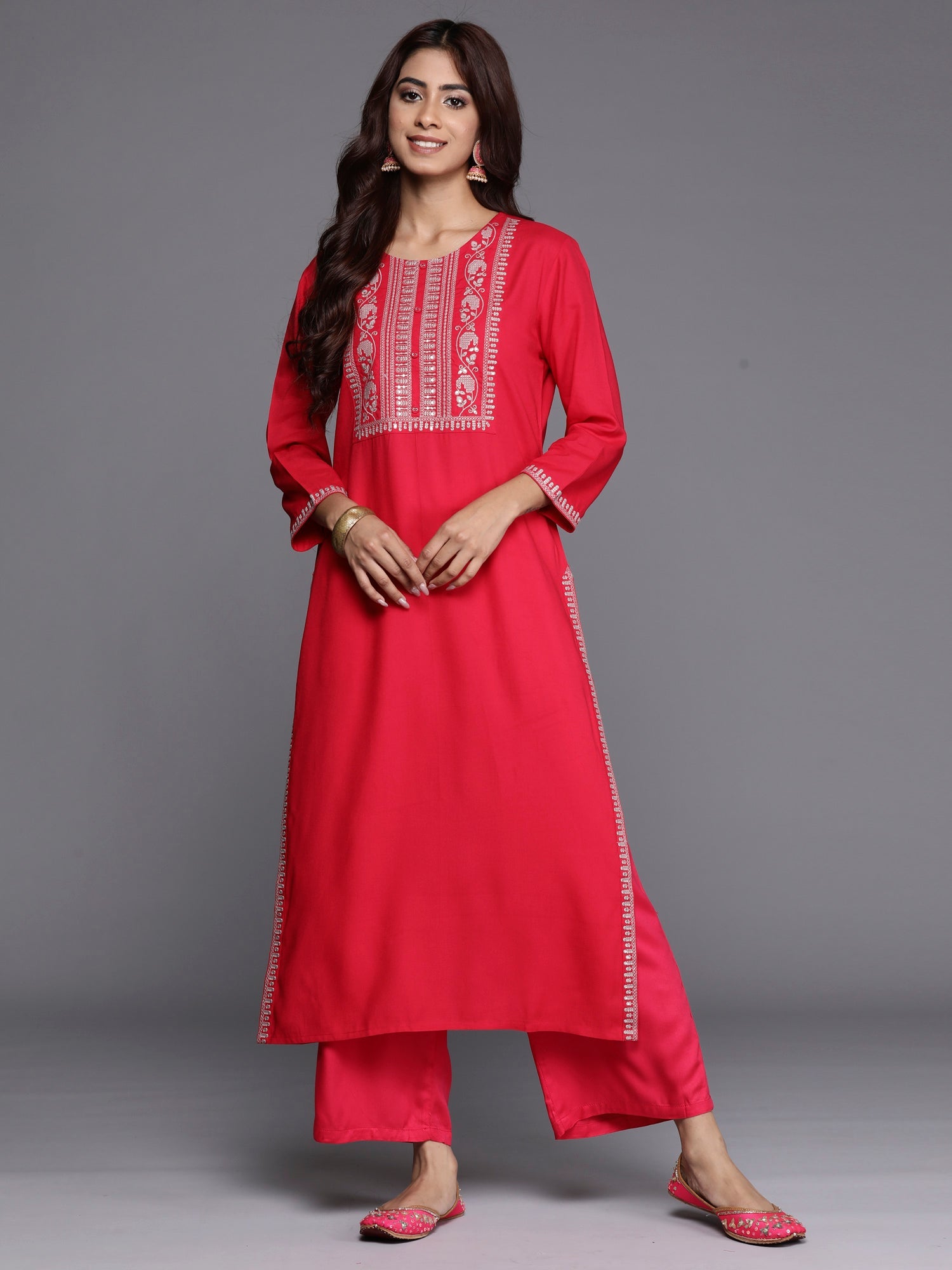 Indo Era Magenta Embroidered Straight Kurta
