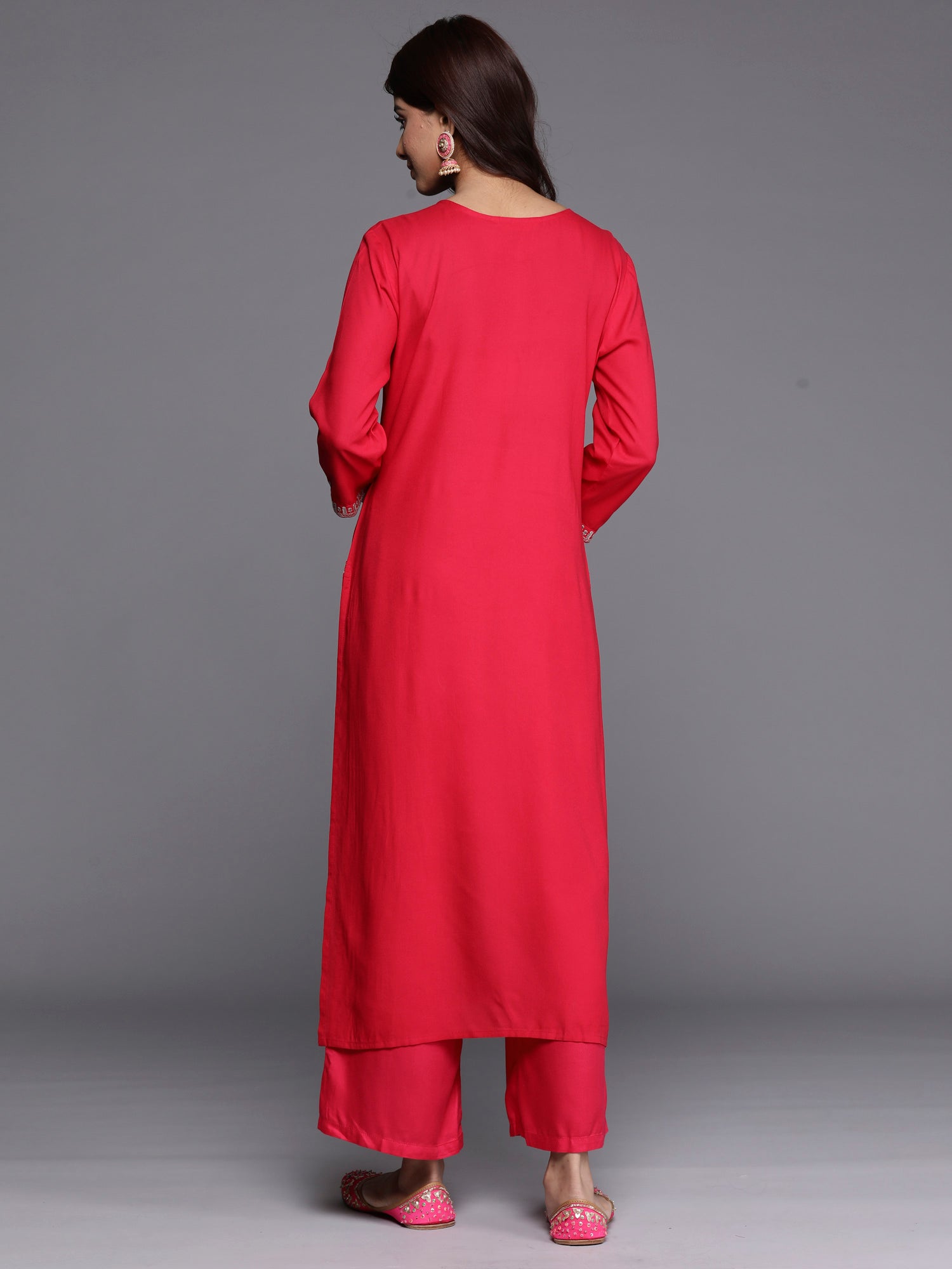 Indo Era Magenta Embroidered Straight Kurta