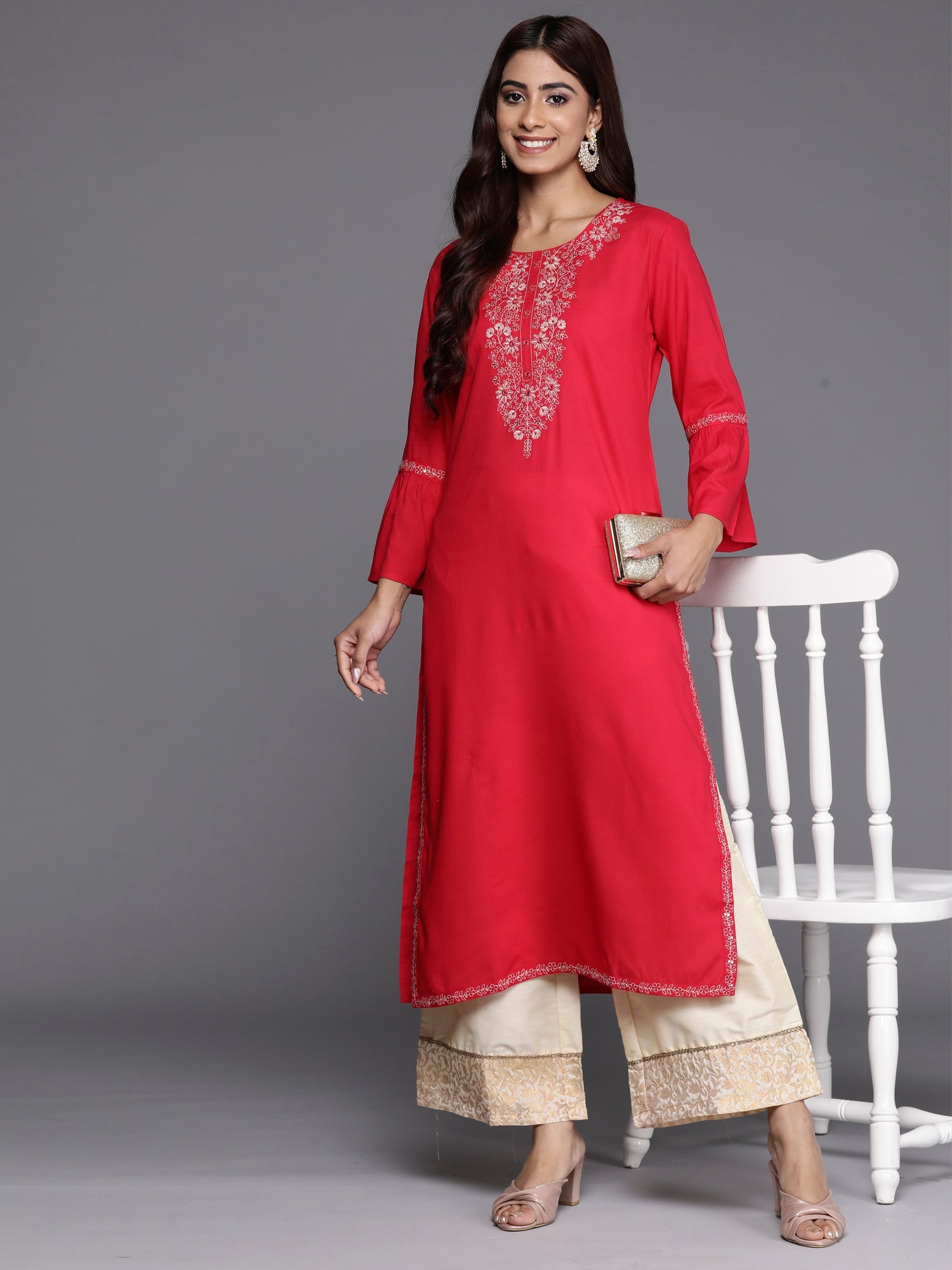 Indo Era Magenta Embroidered Straight Kurta