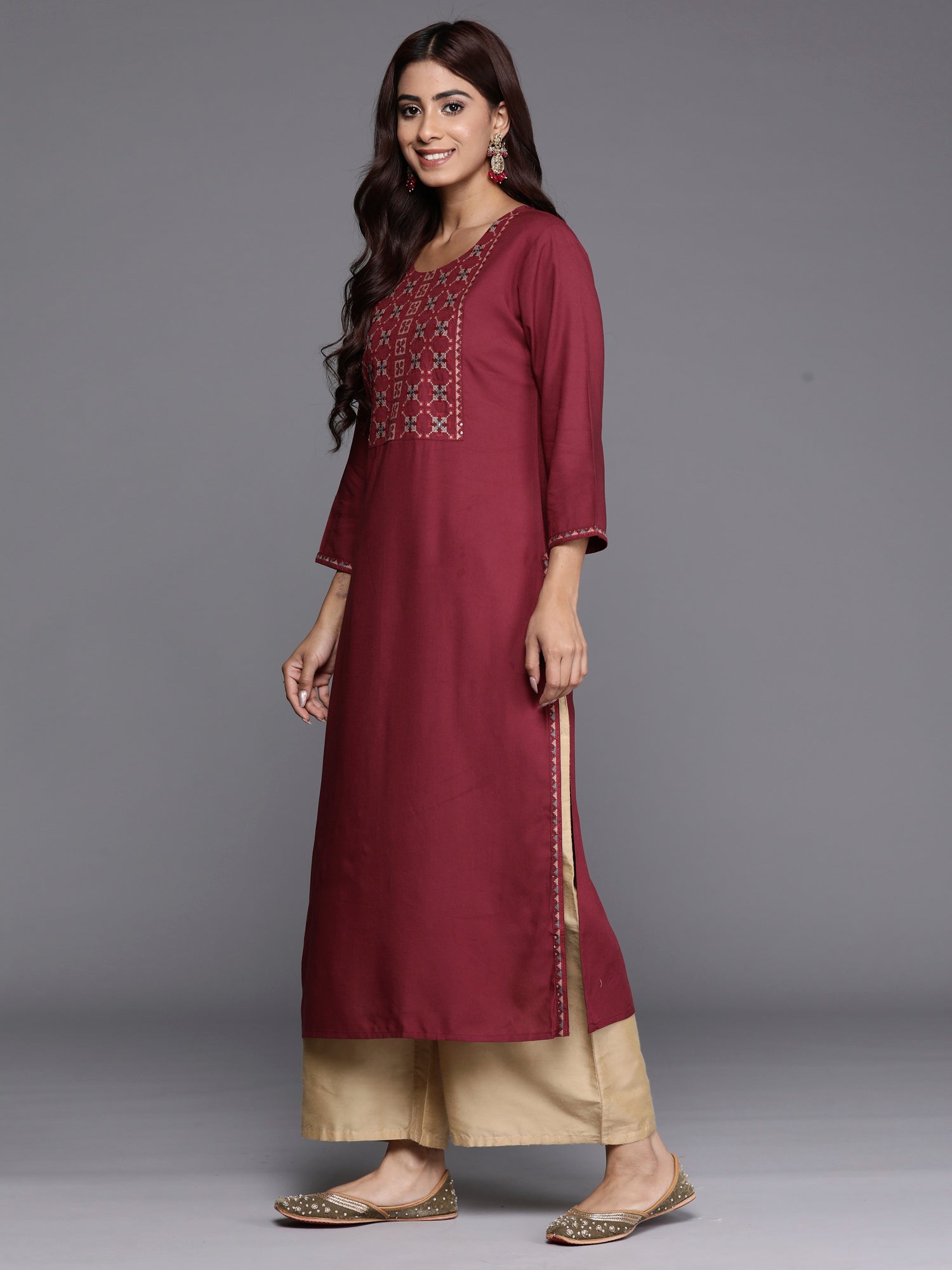 Indo Era Burgundy Embroidered Straight Kurta