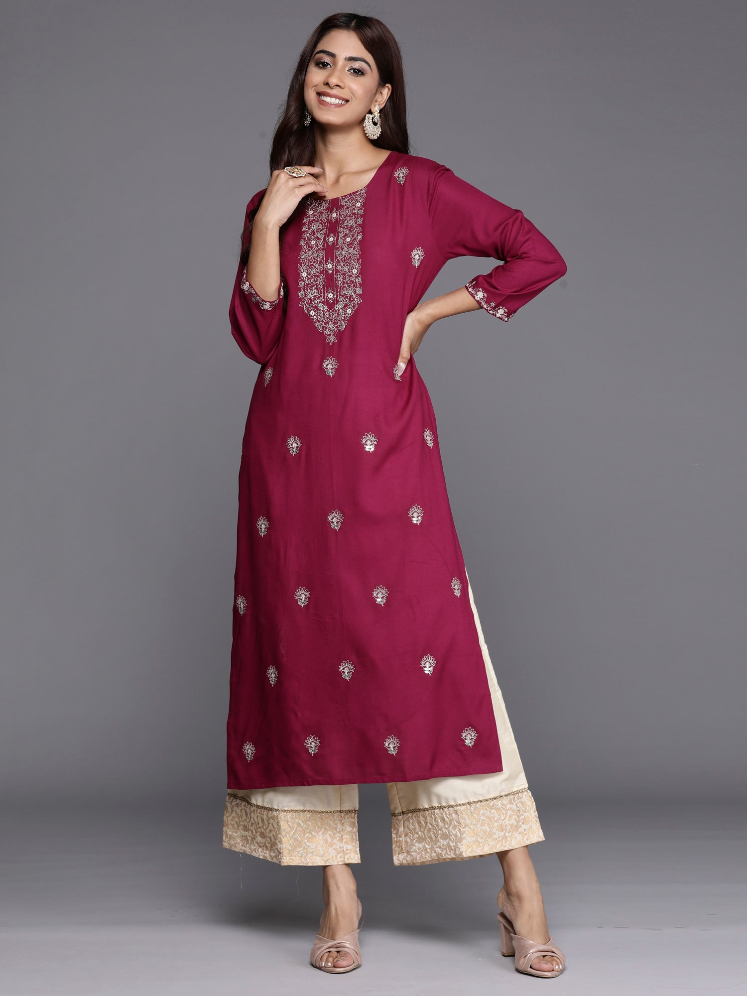 Indo Era Burgundy Embroidered Straight Kurta
