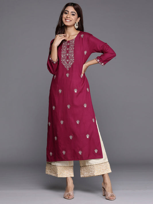Indo Era Burgundy Embroidered Straight Kurta