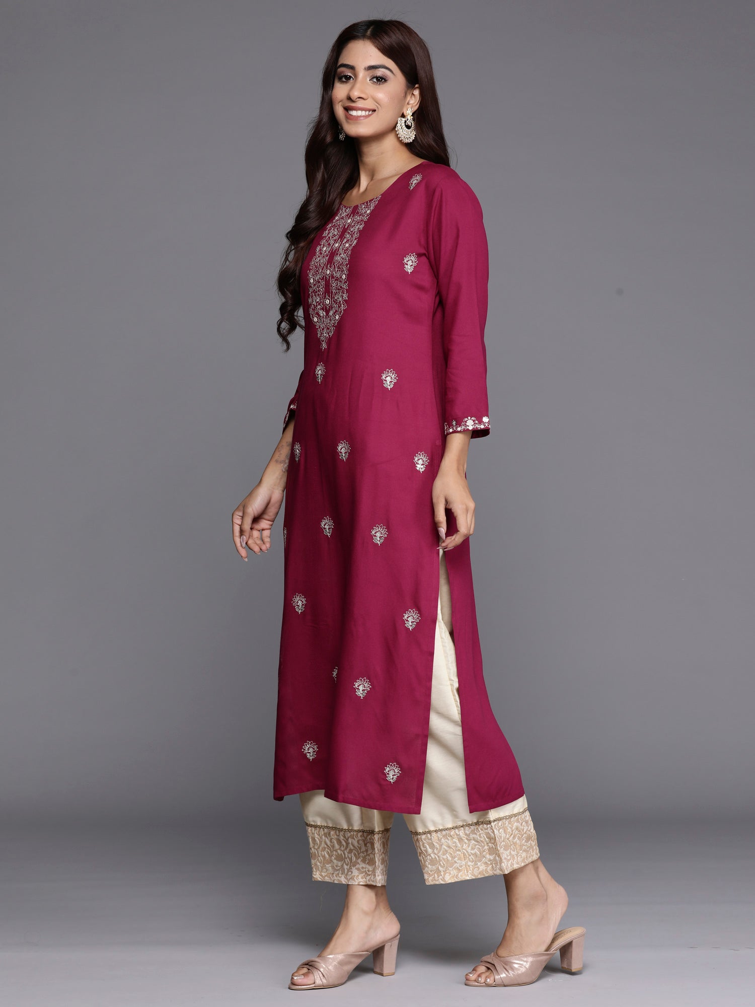 Indo Era Burgundy Embroidered Straight Kurta
