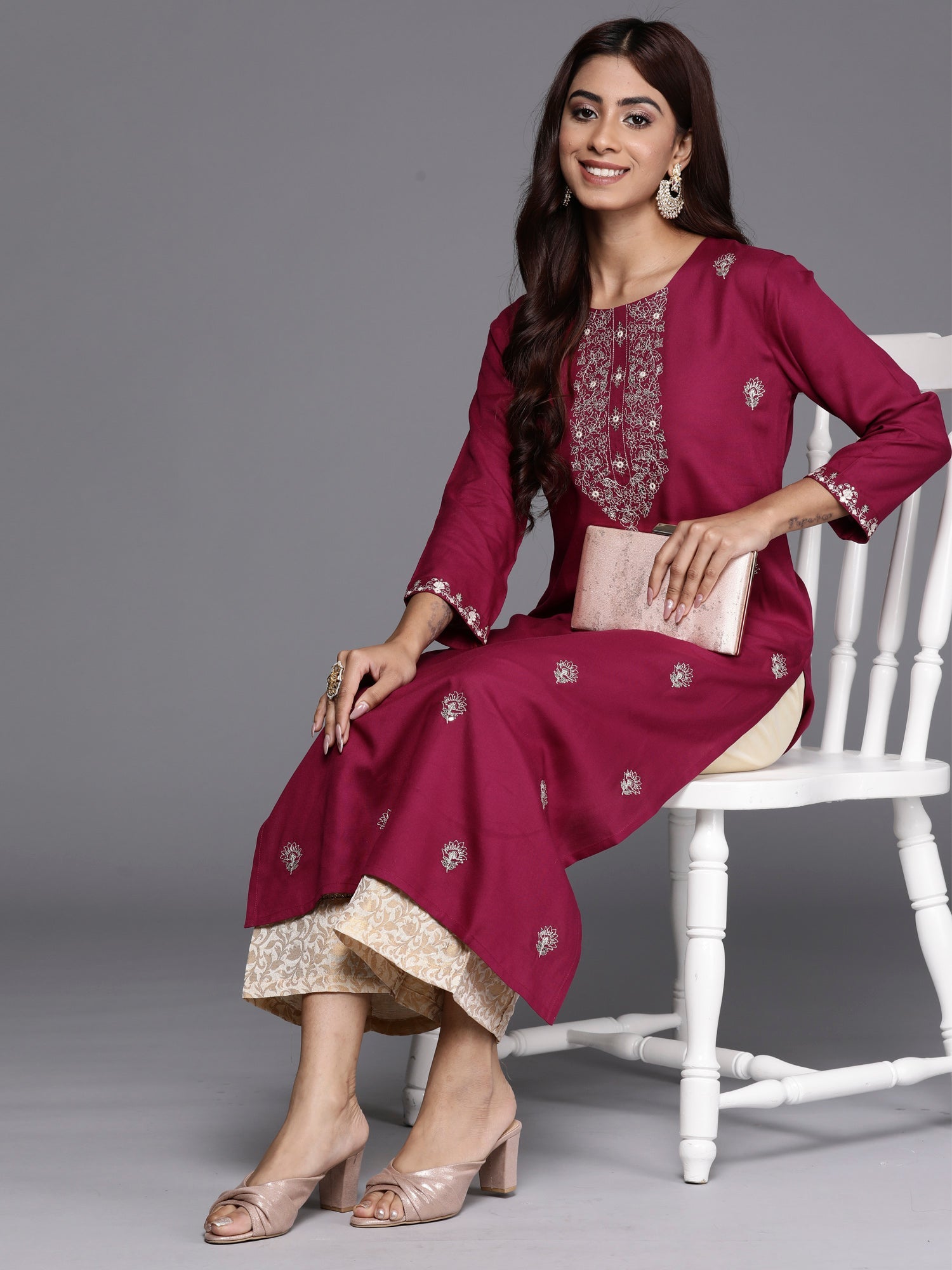 Indo Era Burgundy Embroidered Straight Kurta