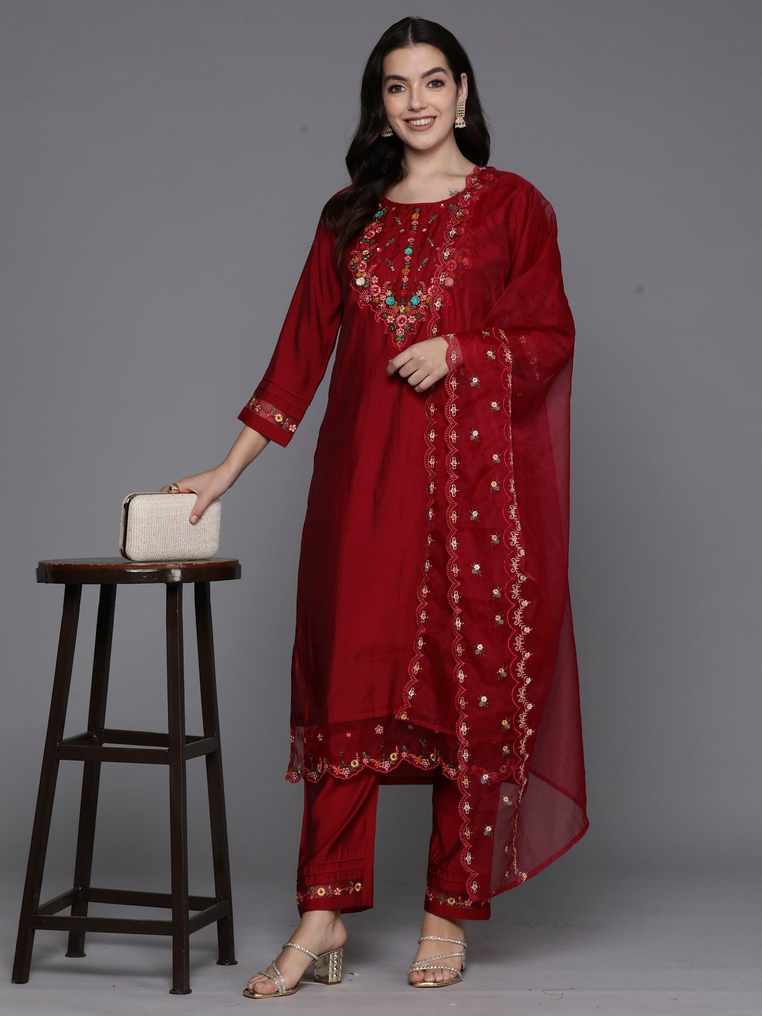 Indo Era Magenta Embroidered A-Line Kurta Trousers With Dupatta Set