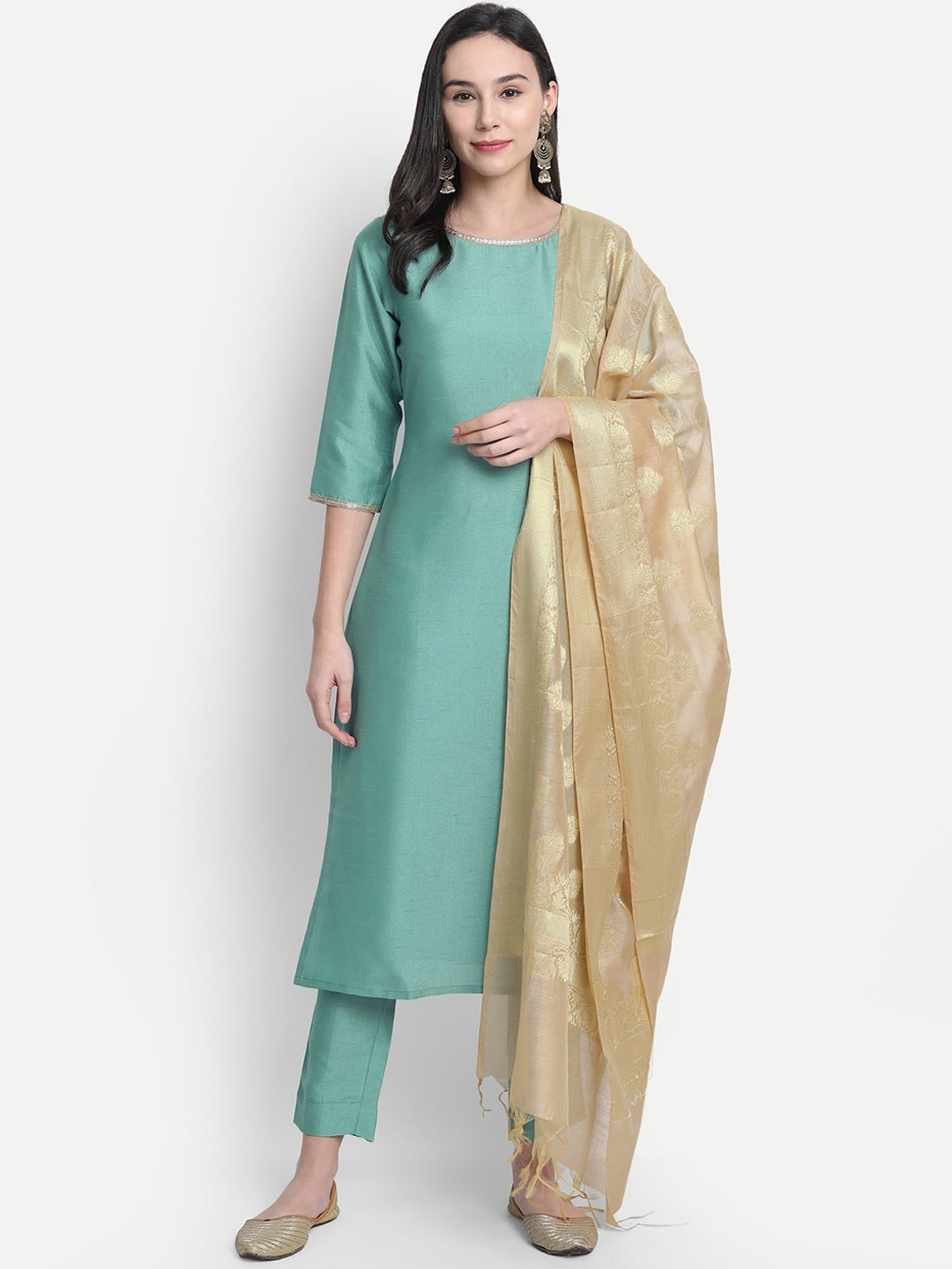 Janasya Women Green Solid Straight Kurta & Trousers With Dupatta