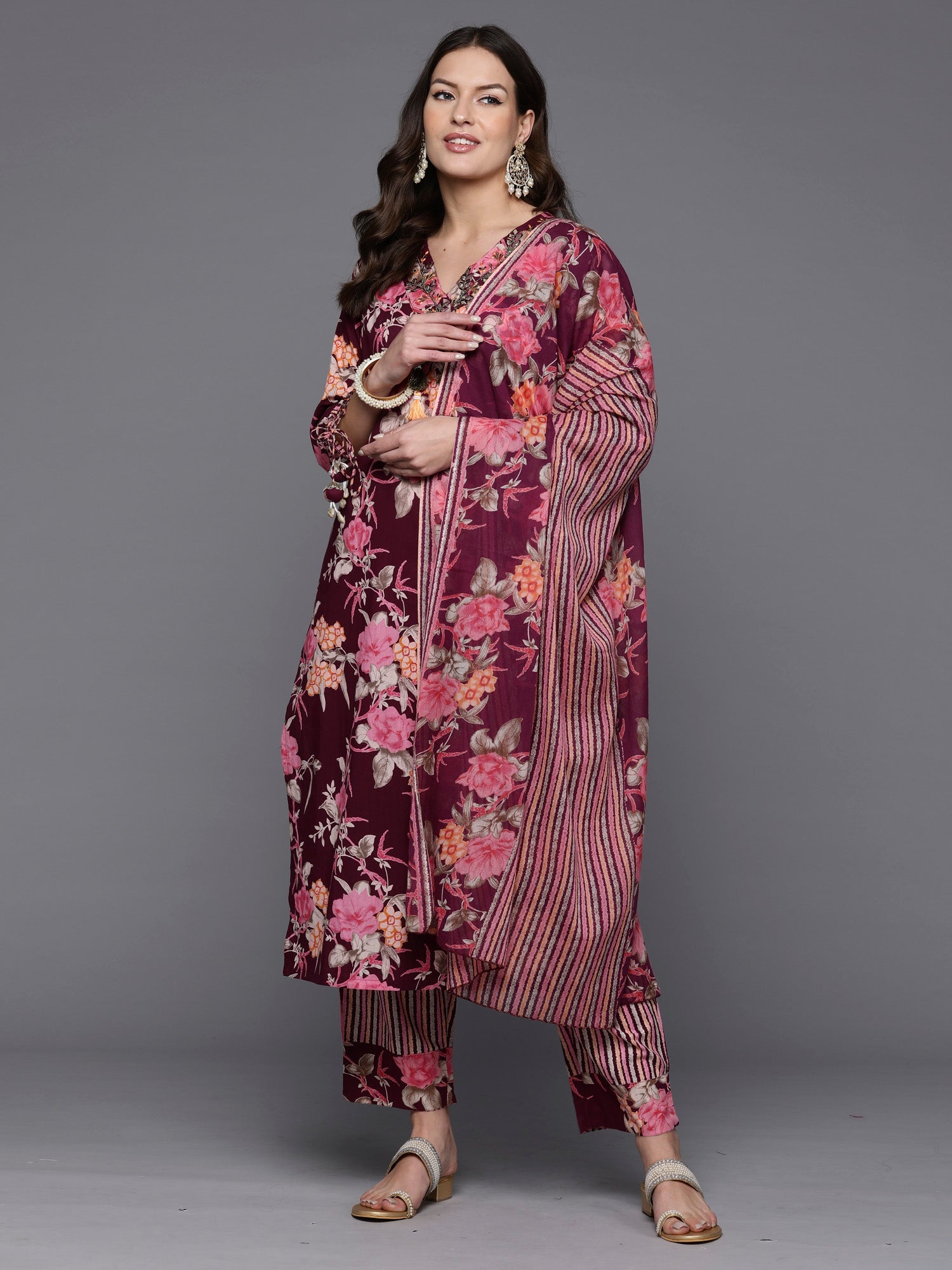 Indo Era Burgundy Printed Straight Kurta Trousers With Dupatta Set