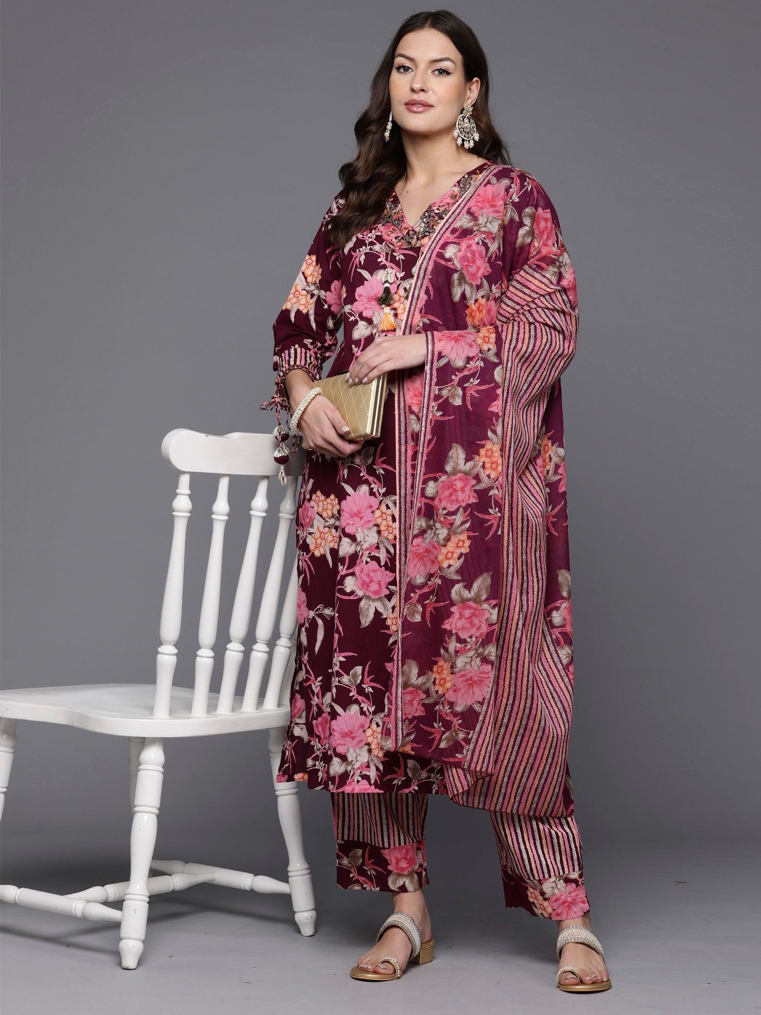 Indo Era Burgundy Printed Straight Kurta Trousers With Dupatta Set