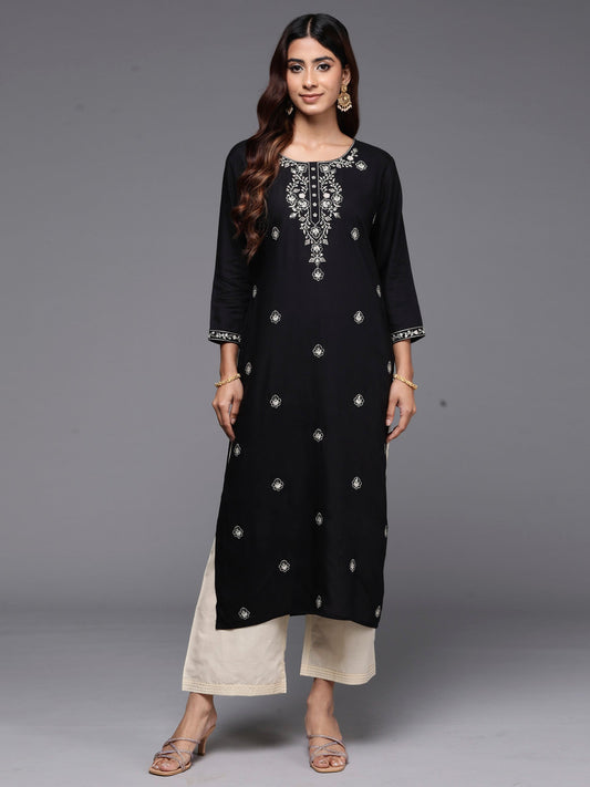 Indo Era Black Embroidered Straight Kurta