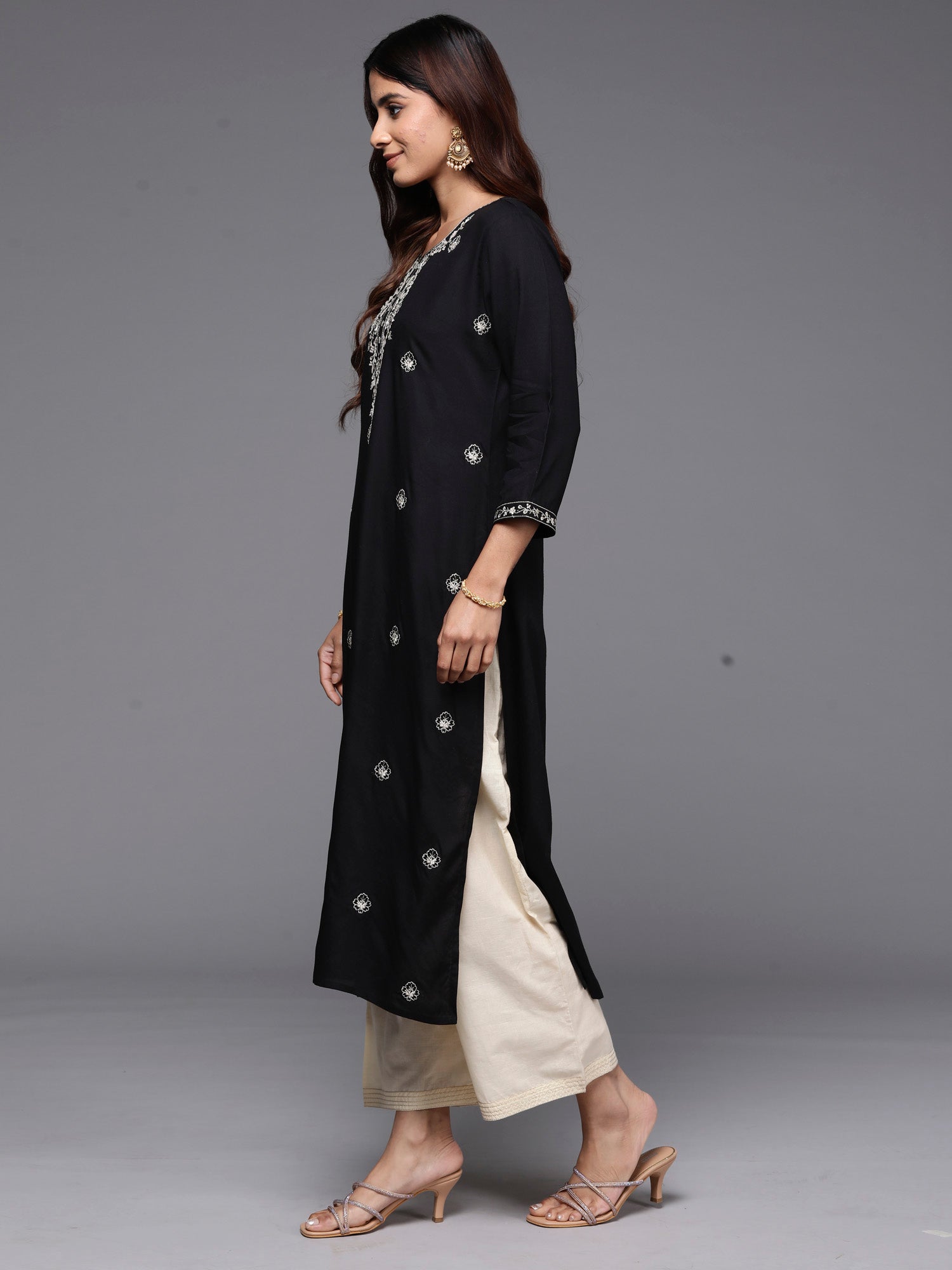 Indo Era Black Embroidered Straight Kurta