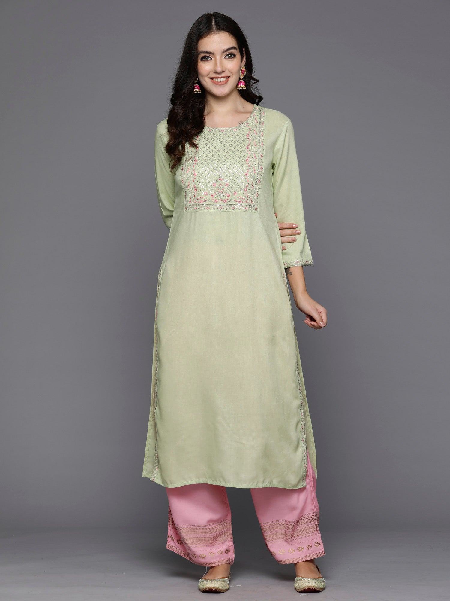Indo Era Green Embroidered Straight Kurta