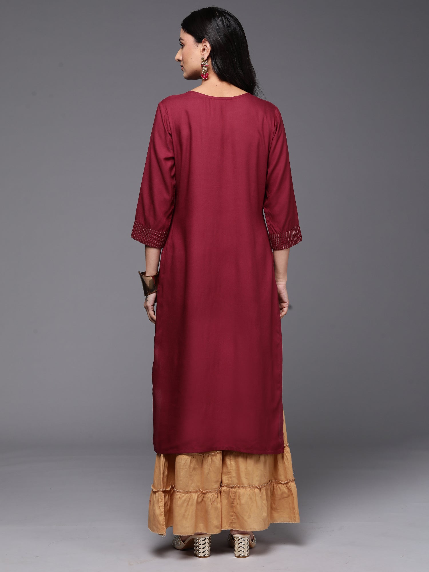 Indo Era Burgundy Embroidered Straight Kurta