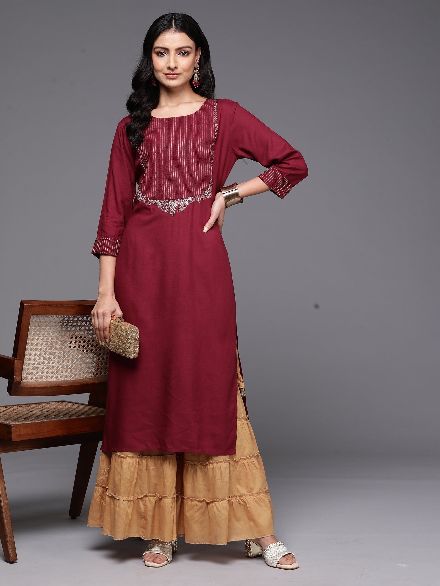 Indo Era Burgundy Embroidered Straight Kurta