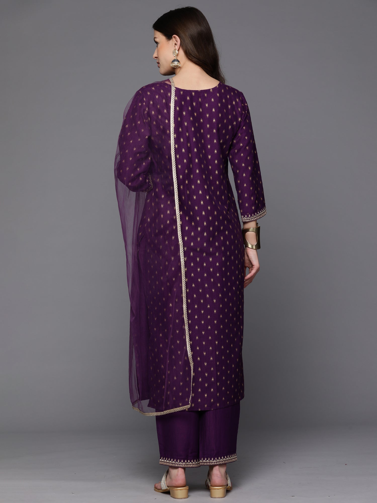 Indo Era Purple Embroidered Straight Kurta Trousers With Dupatta Set