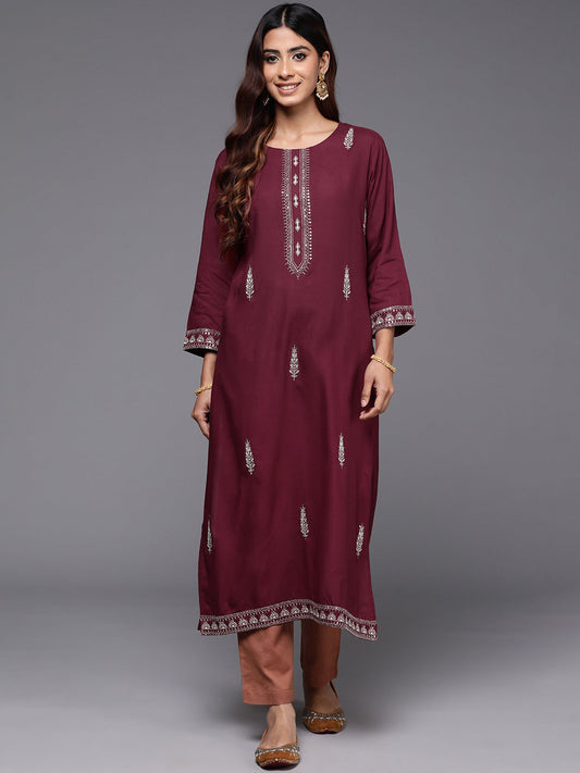 Indo Era Maroon Embroidered Straight Kurta