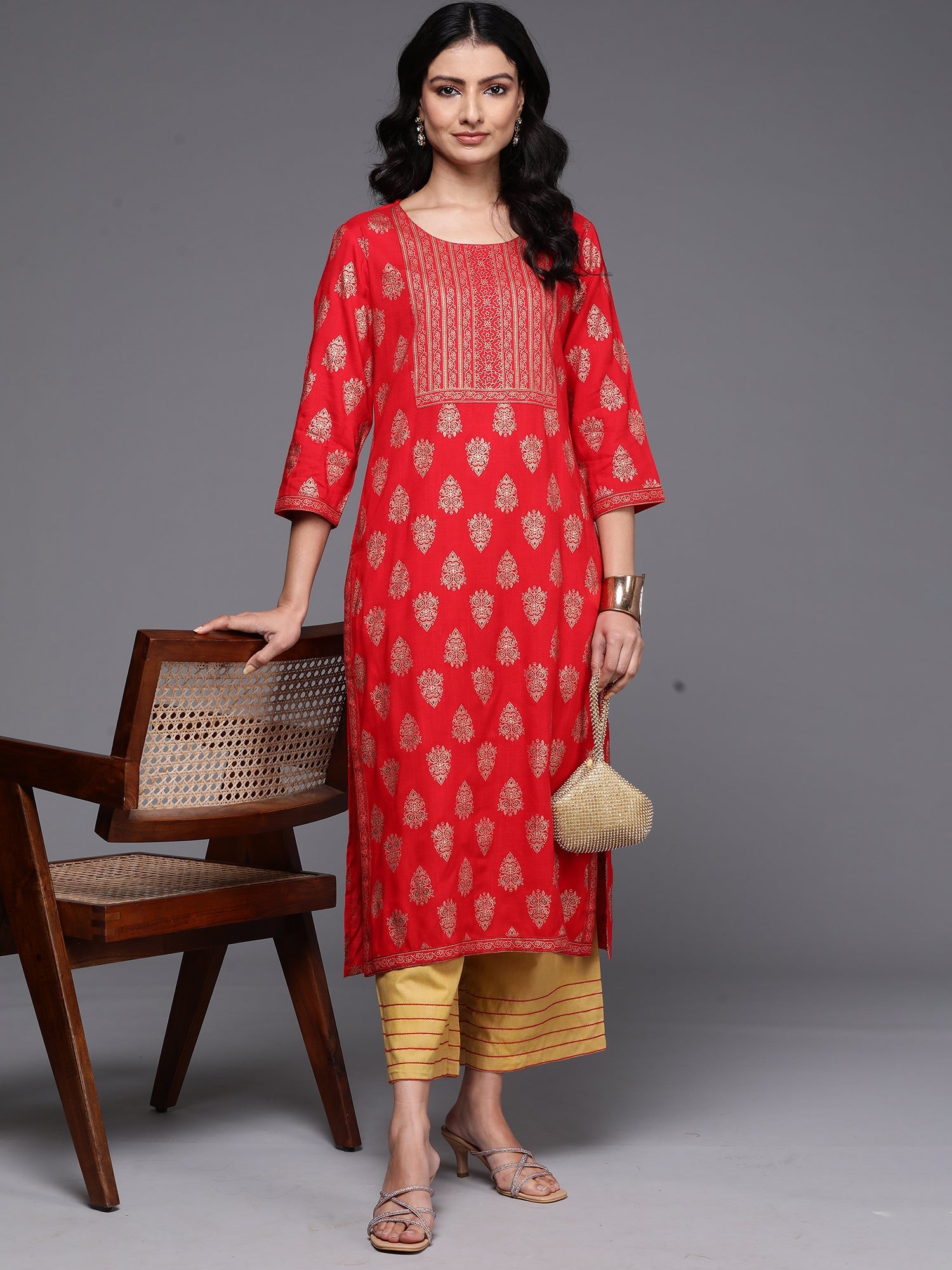 Indo Era Red Printed Straight Kurta