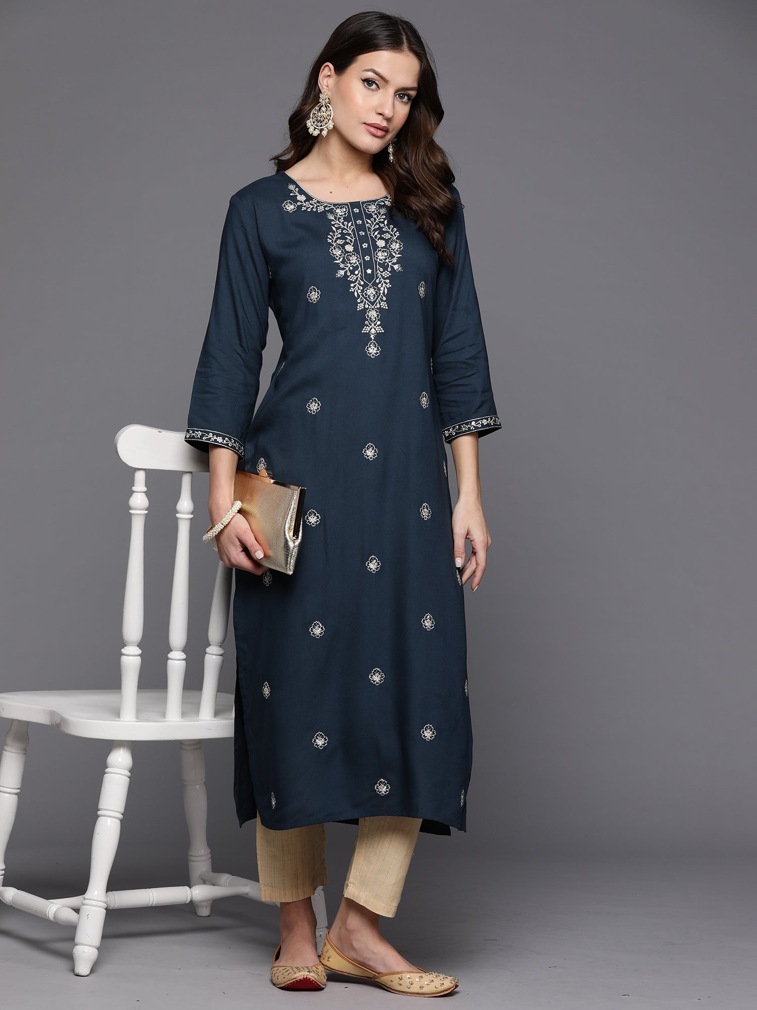 Indo Era Teal Embroidered Straight Kurta