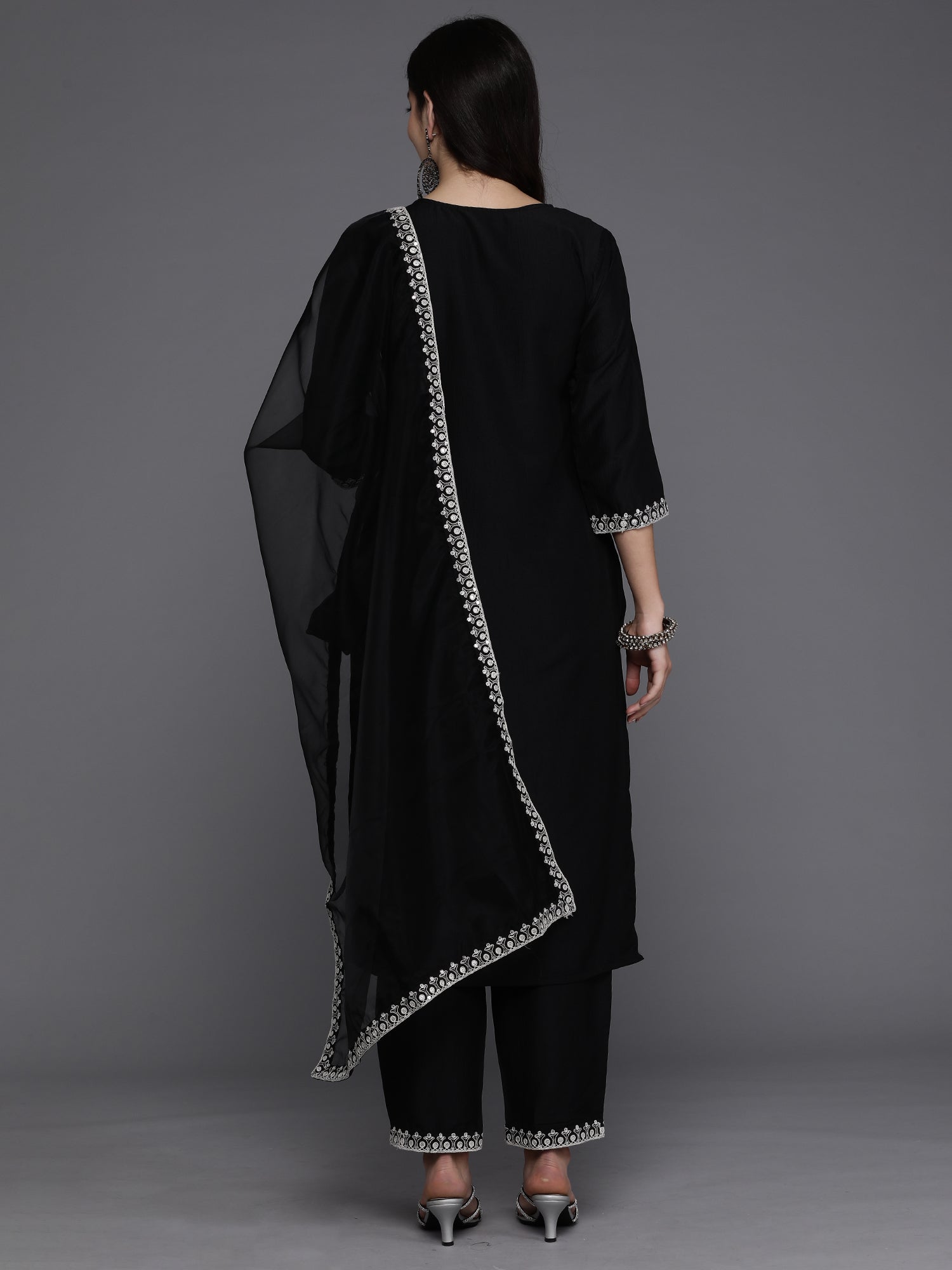 Indo Era Black Embroidered Straight Kurta Trousers With Dupatta set