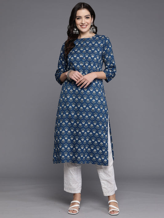 Indo Era Navy Blue Printed Straight Kurta