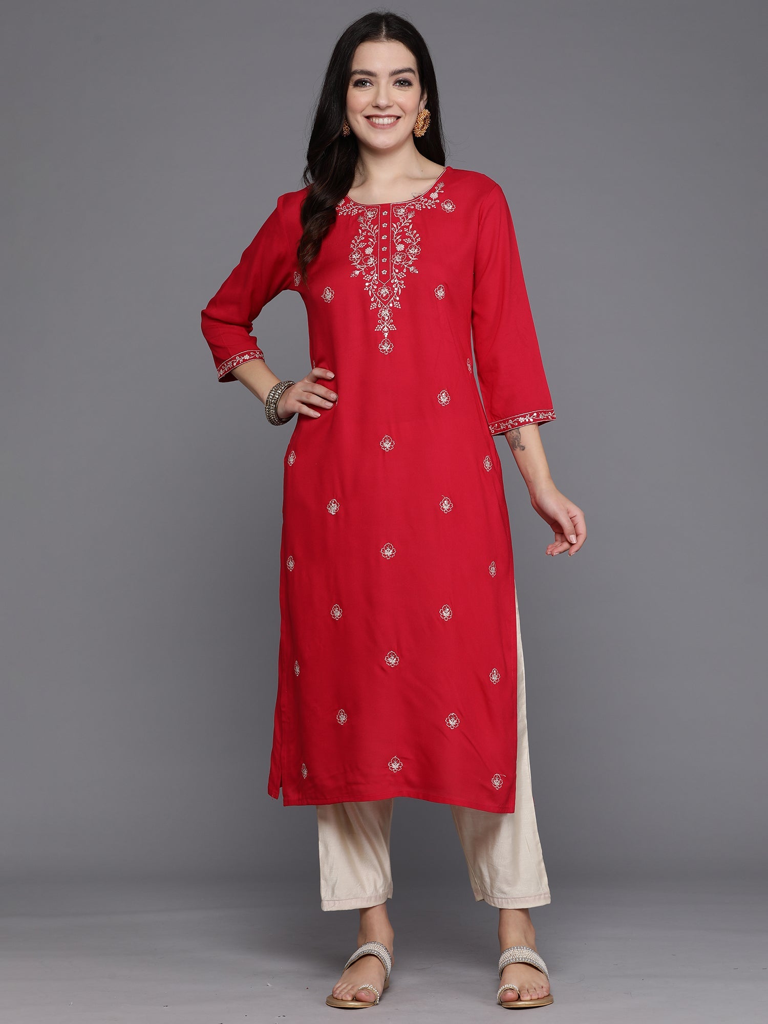 Indo Era Magenta Embroidered Straight Kurta
