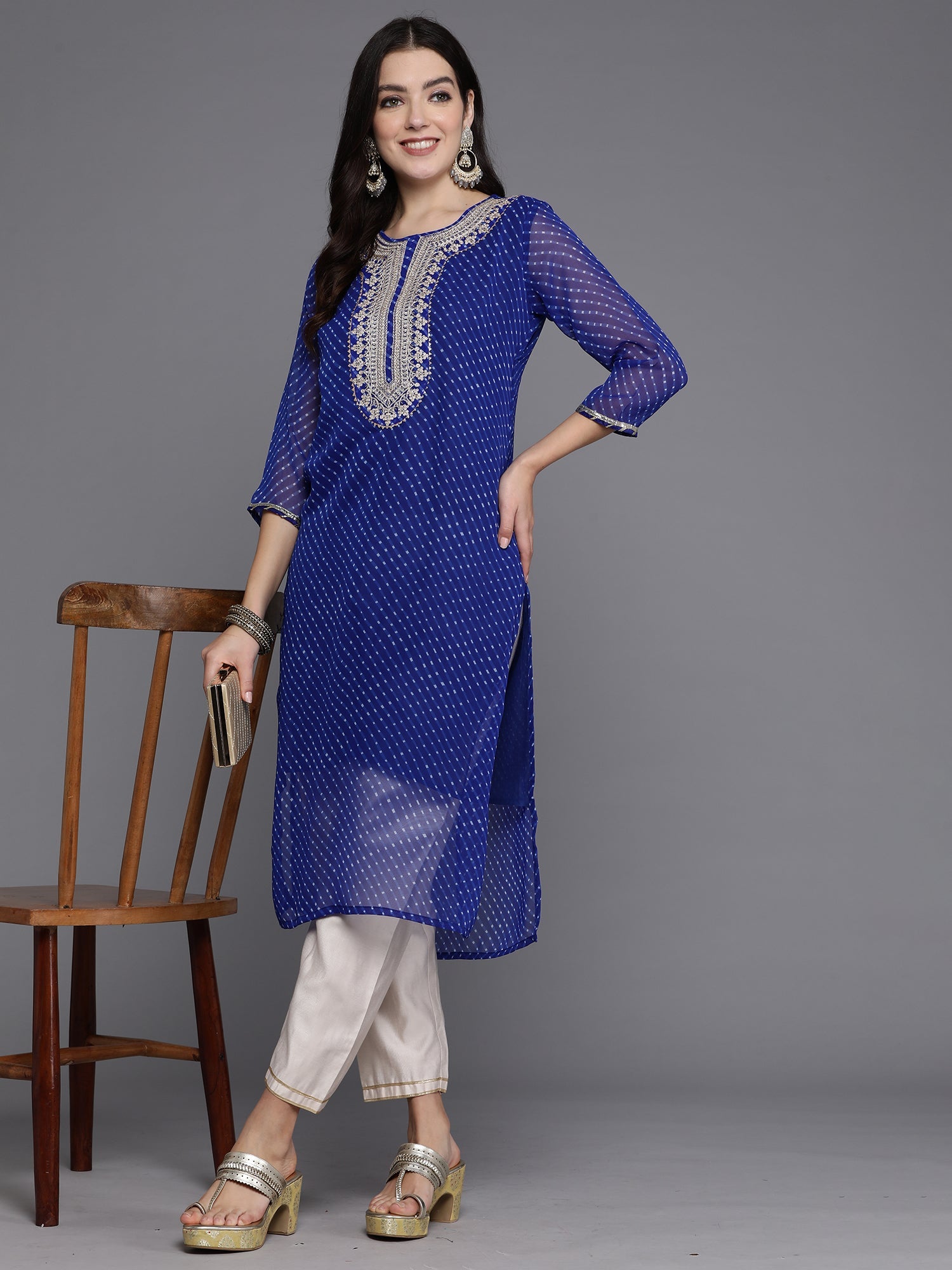 Indo Era Blue Printed Straight Kurta