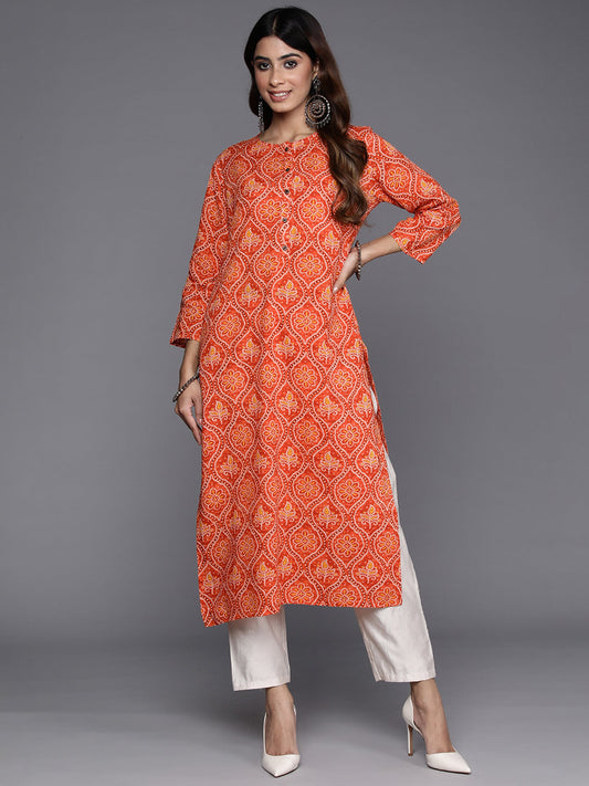 Indo Era Orange Printed Straight Kurta