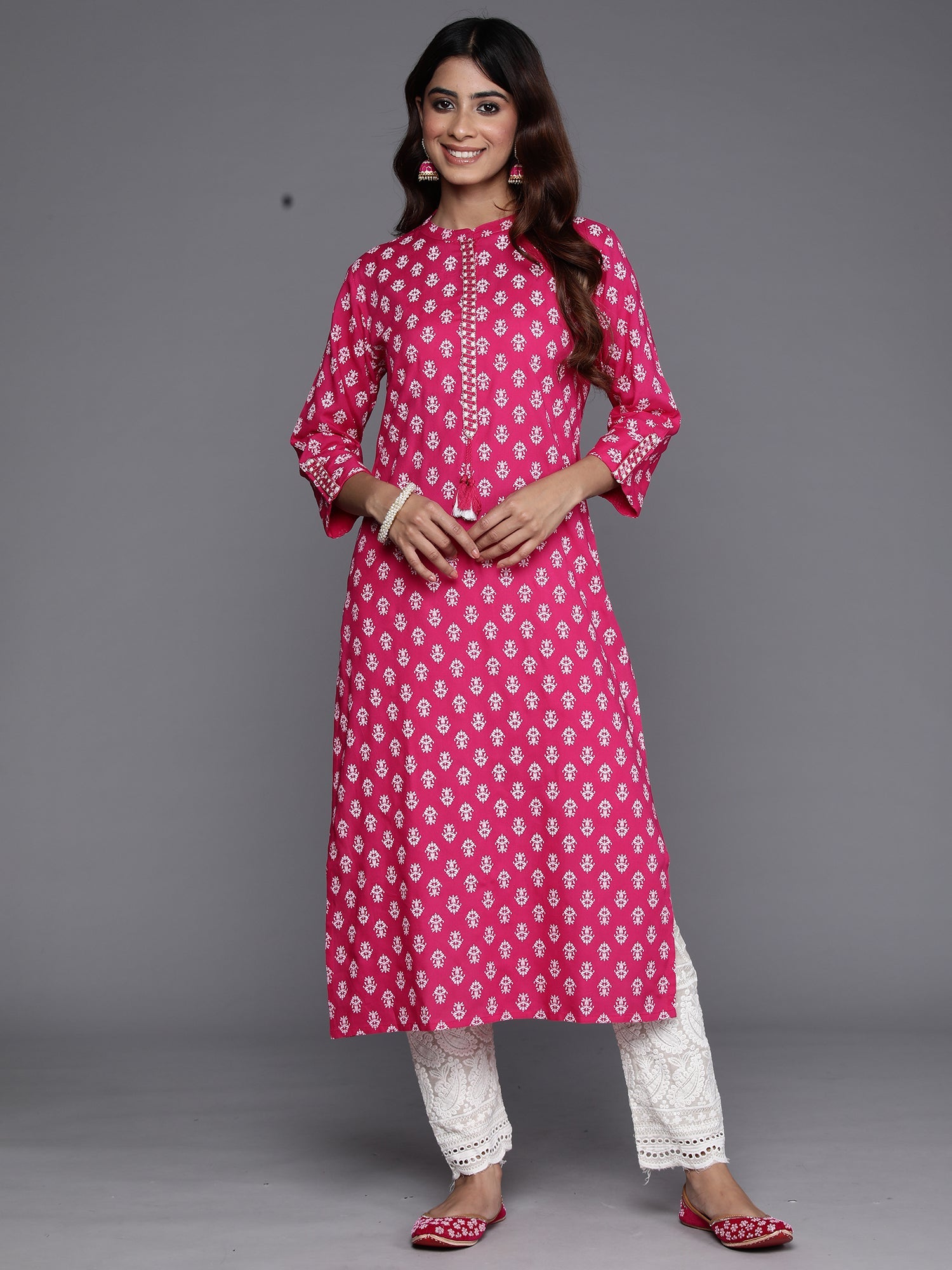 Indo Era Pink Printed Straight Kurta
