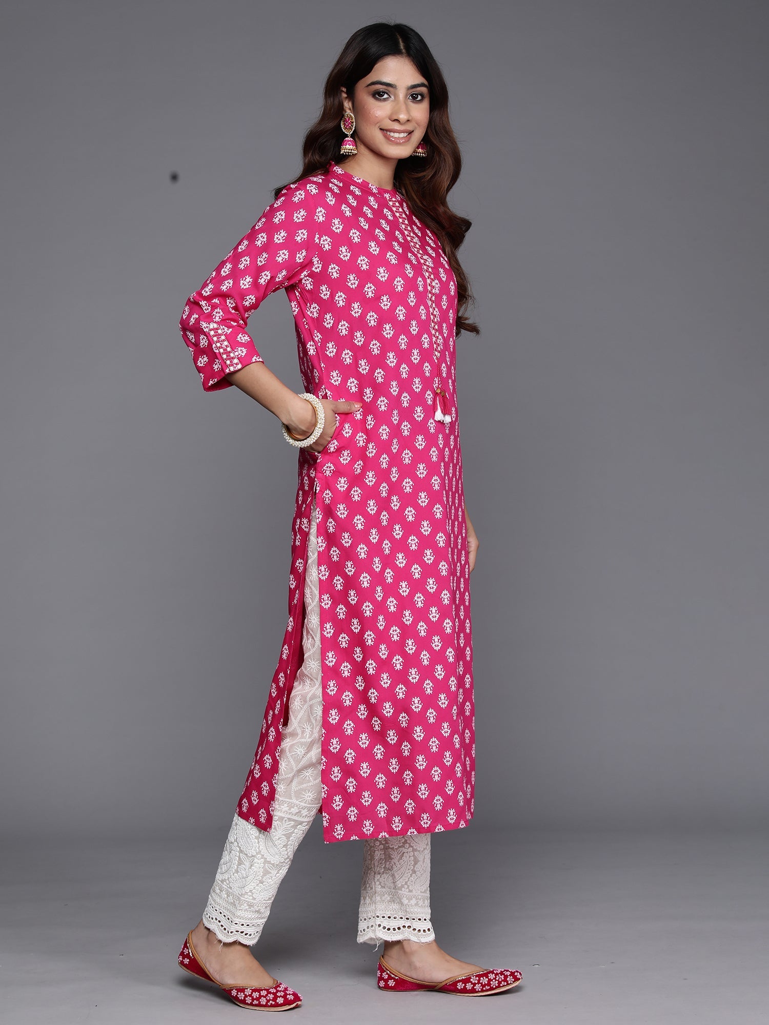 Indo Era Pink Printed Straight Kurta