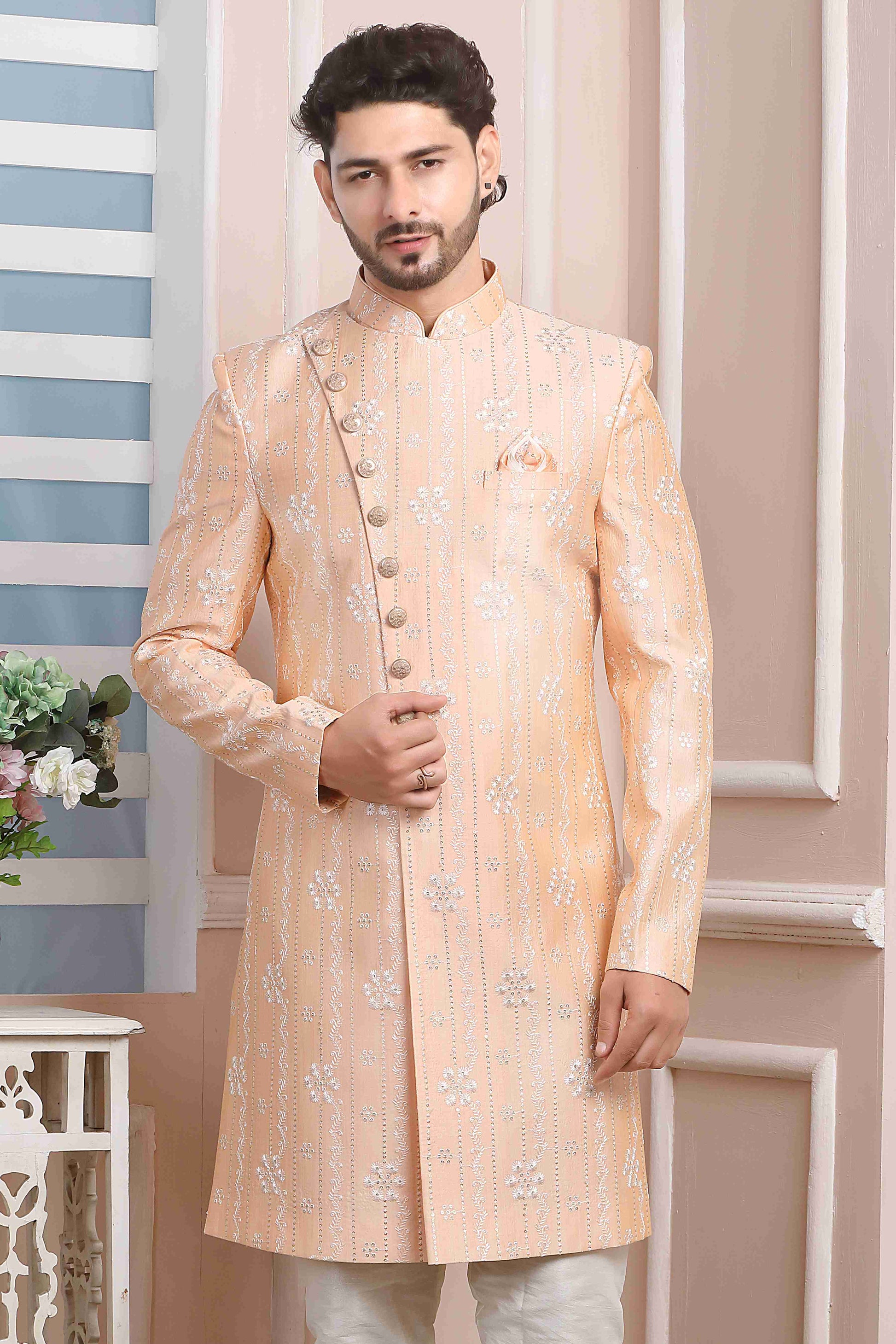 Raivat Ethnic Art Silk Thread Work Indo Western In Peach Colour