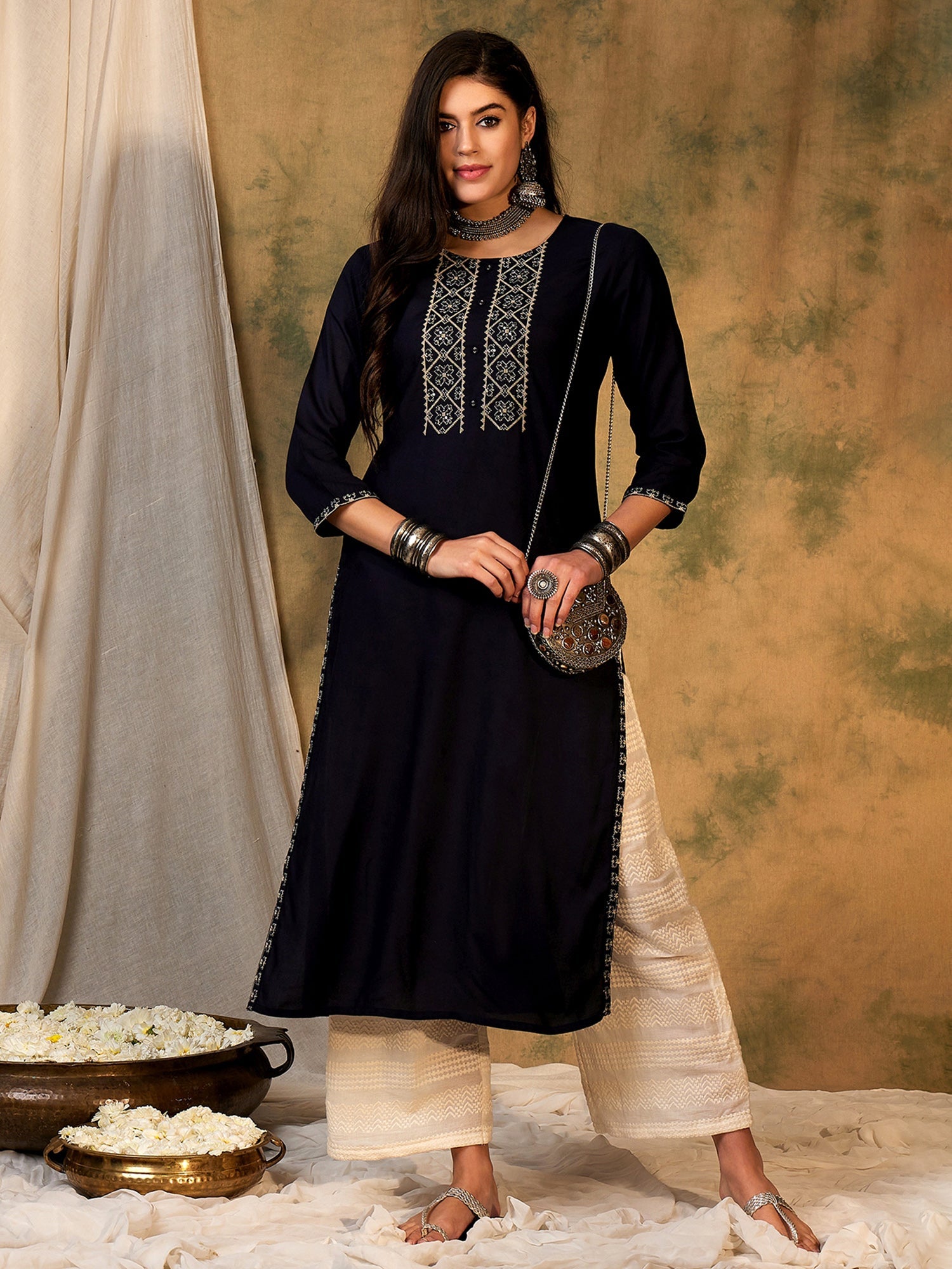 Indo Era Navy Blue Embroidered Straight Kurta