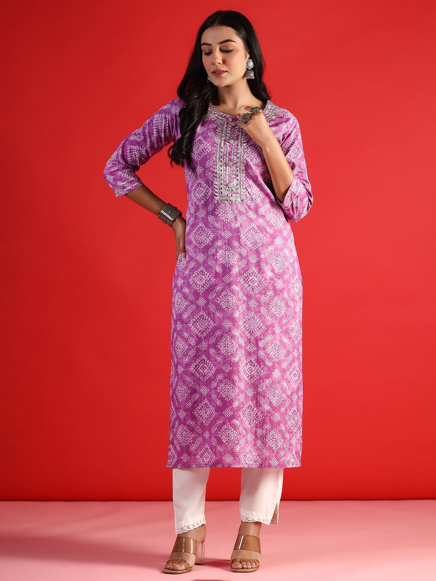 Indo Era Lavender Printed Straight Kurta