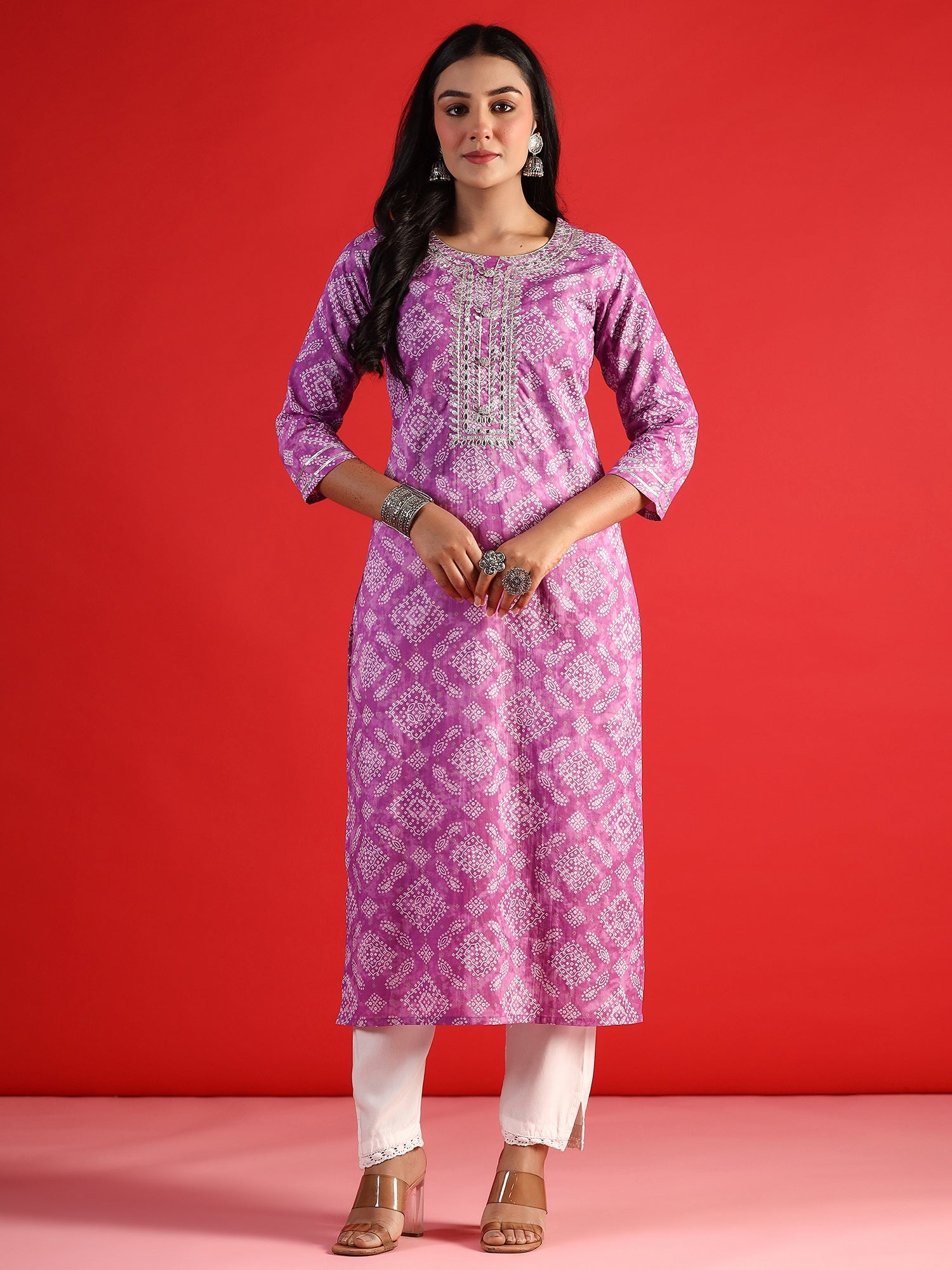 Indo Era Lavender Printed Straight Kurta