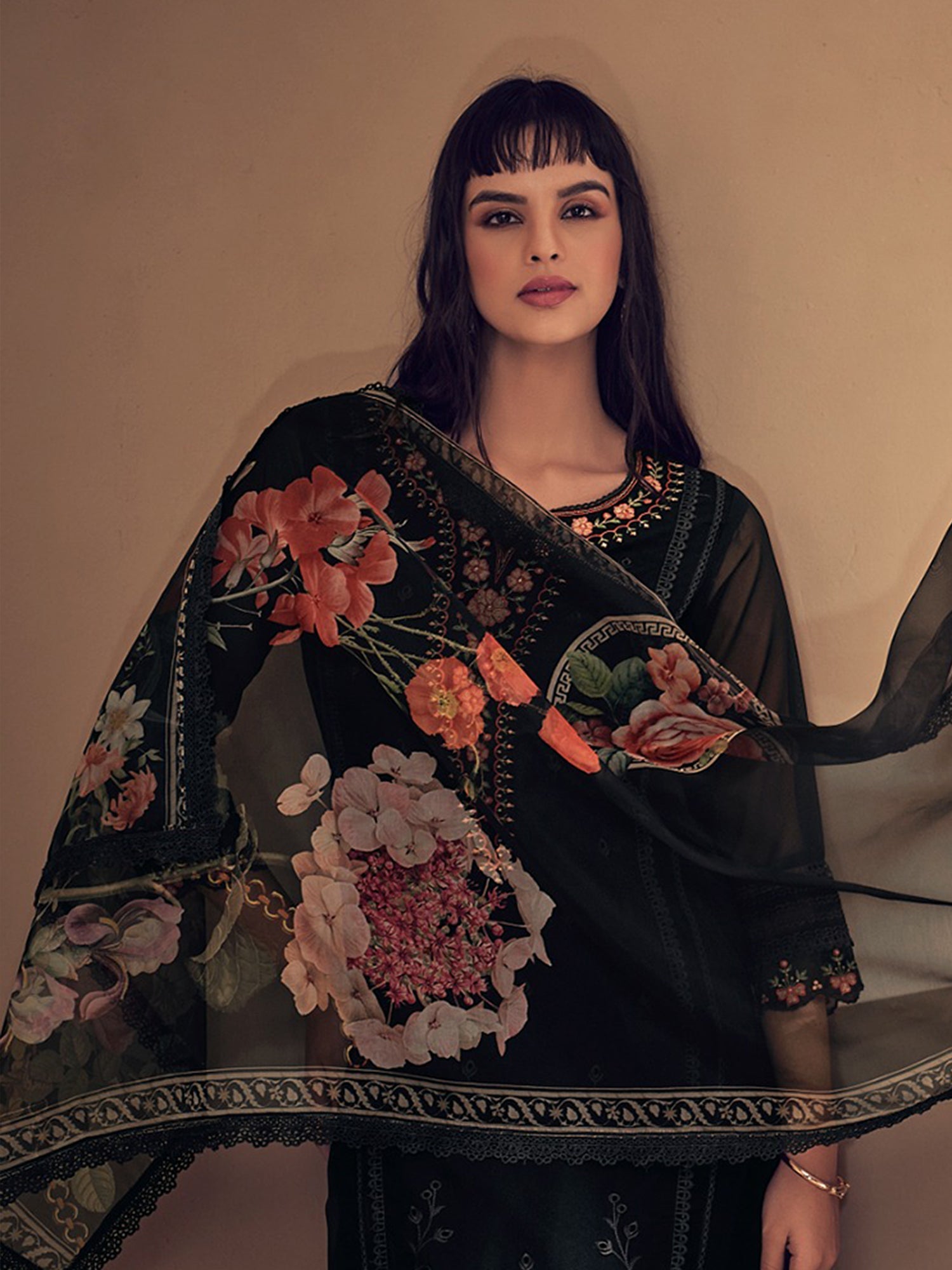 Indo Era Black Embroidered Straight Kurta Trousers With Dupatta set