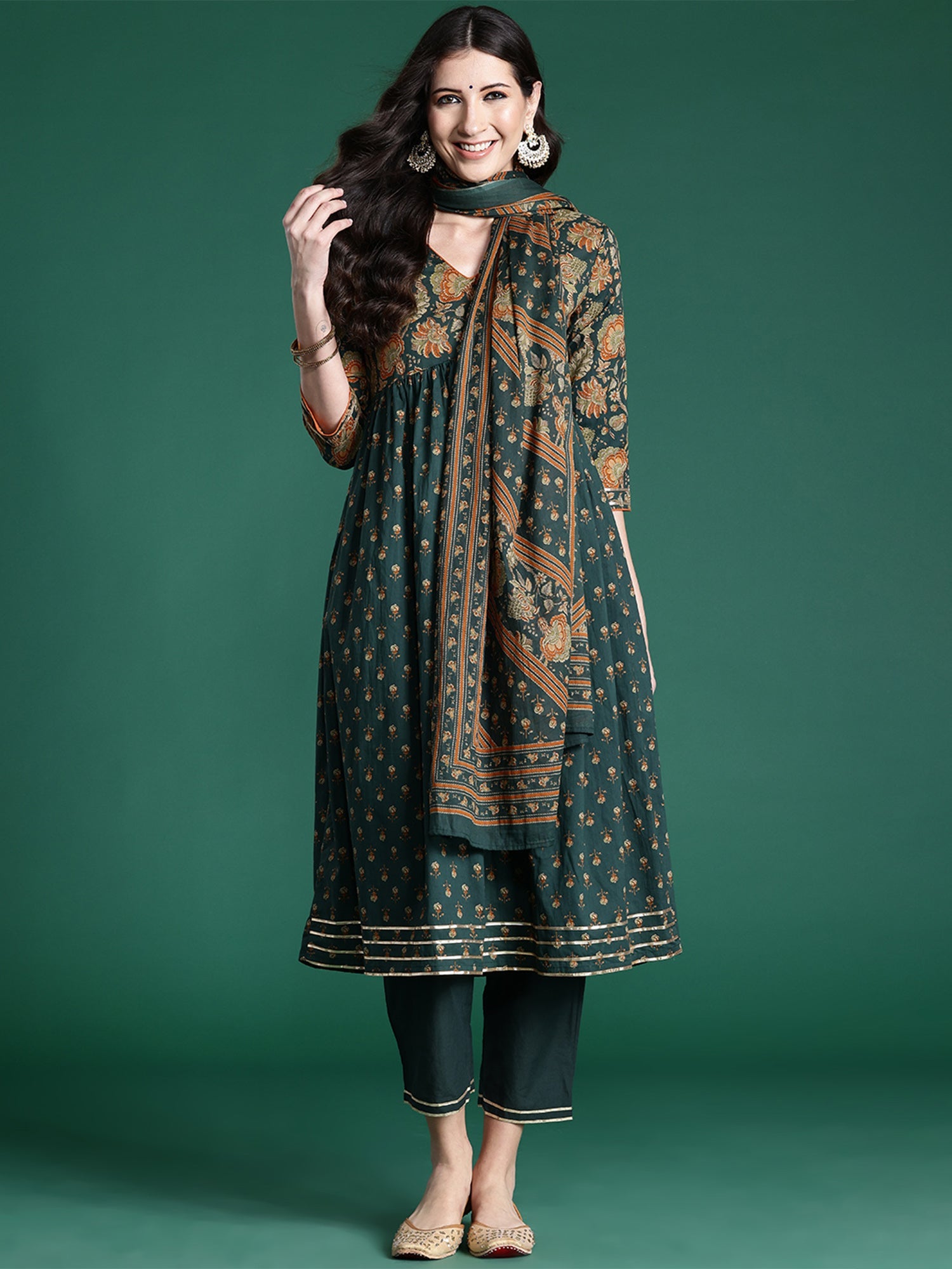 Indo Era Green Printed A-Line Kurta Trousers With Dupatta set