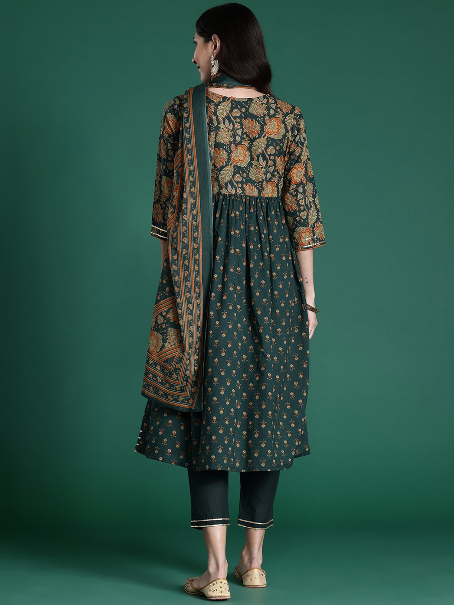 Indo Era Green Printed A-Line Kurta Trousers With Dupatta set