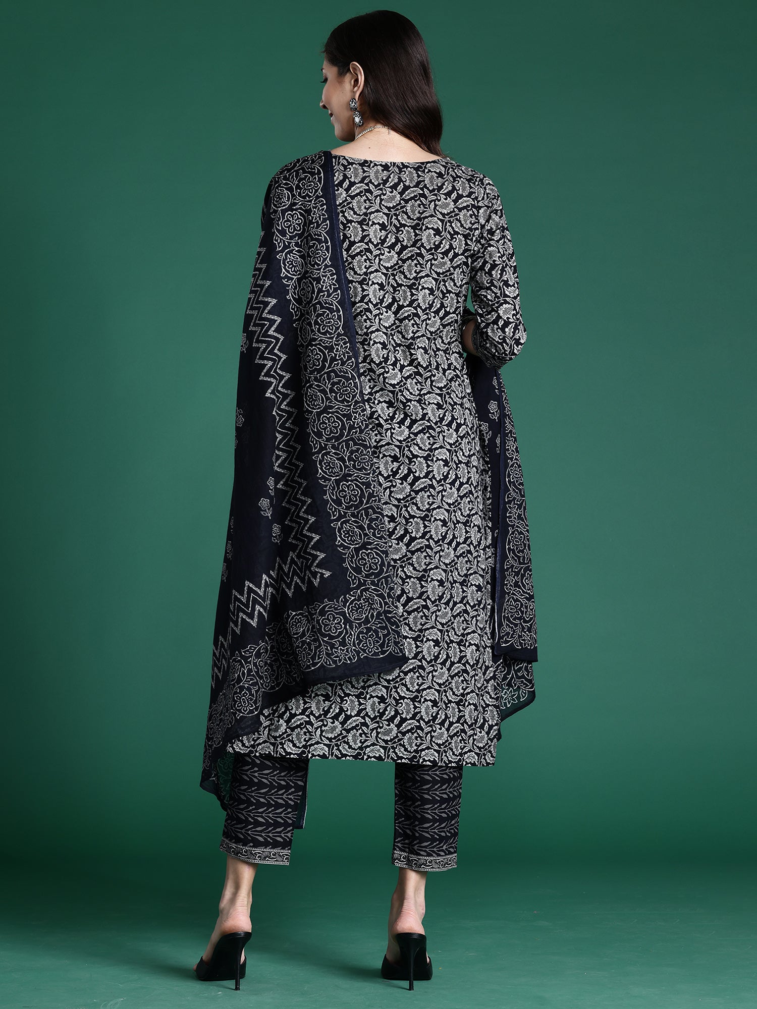 Indo Era Black Printed Straight Kurta Trousers With Dupatta set