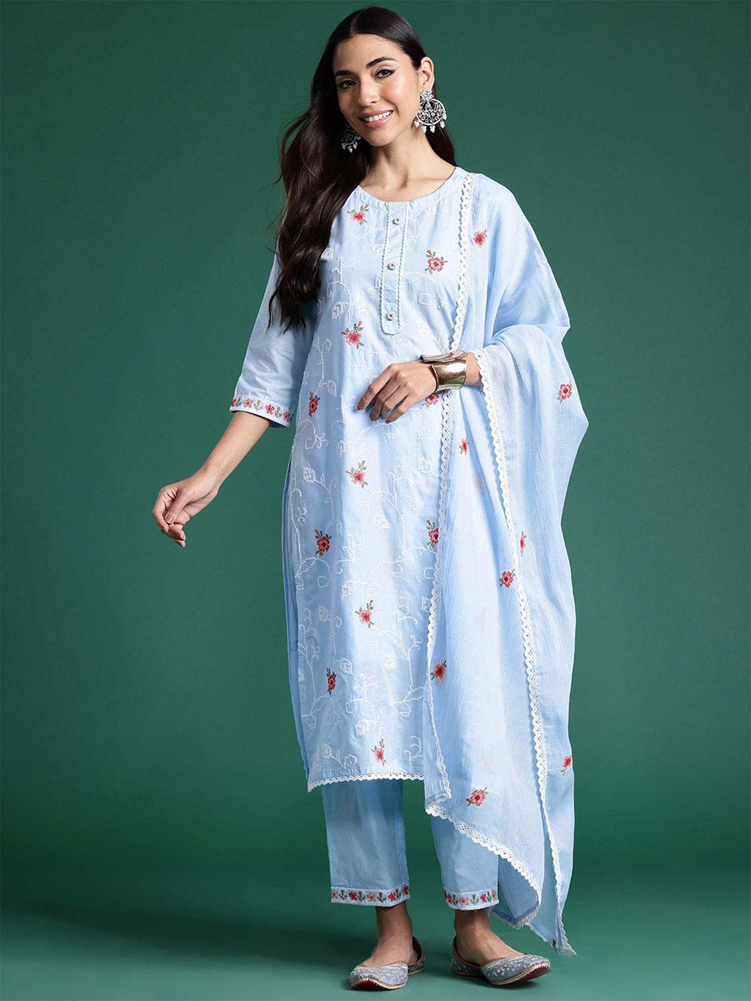 Indo Era Blue Embroidered Straight Kurta Trousers With Dupatta set