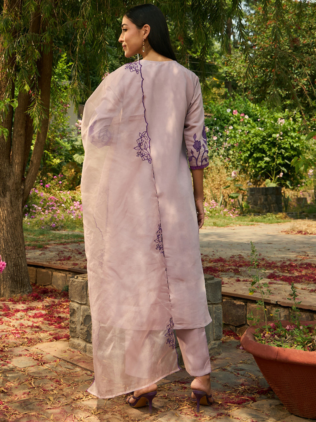 Indo Era Purple Embroidered Straight Kurta Trousers With Dupatta set