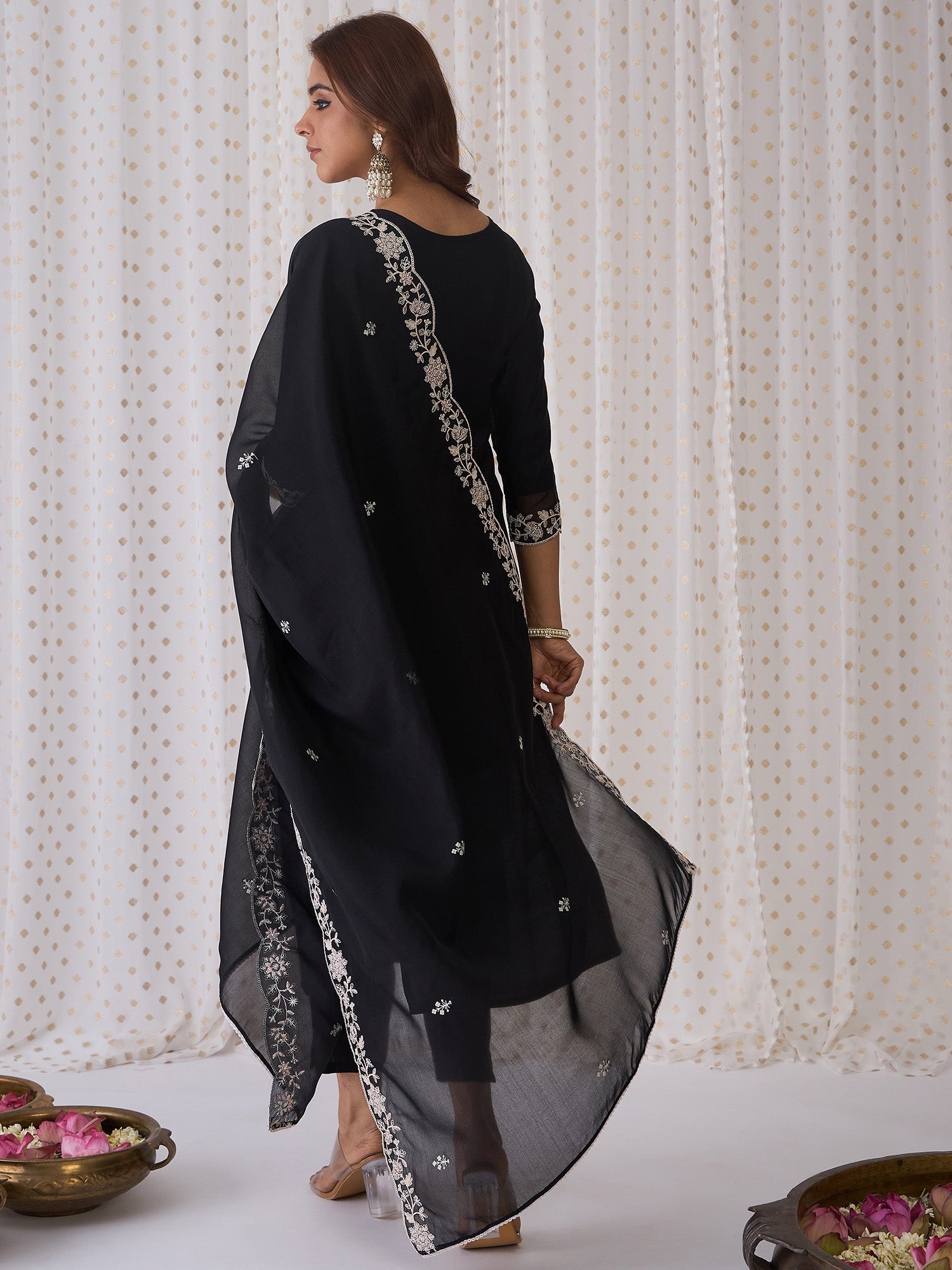 Indo Era Black Embroidered Straight Kurta Trousers With Dupatta Set