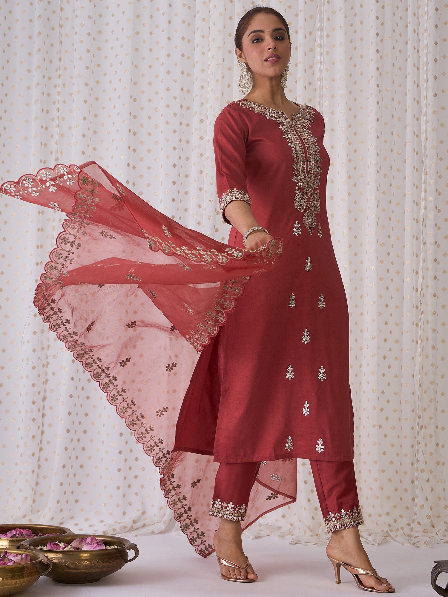 Indo Era Rust Embroidered Straight Kurta Trousers With Dupatta set