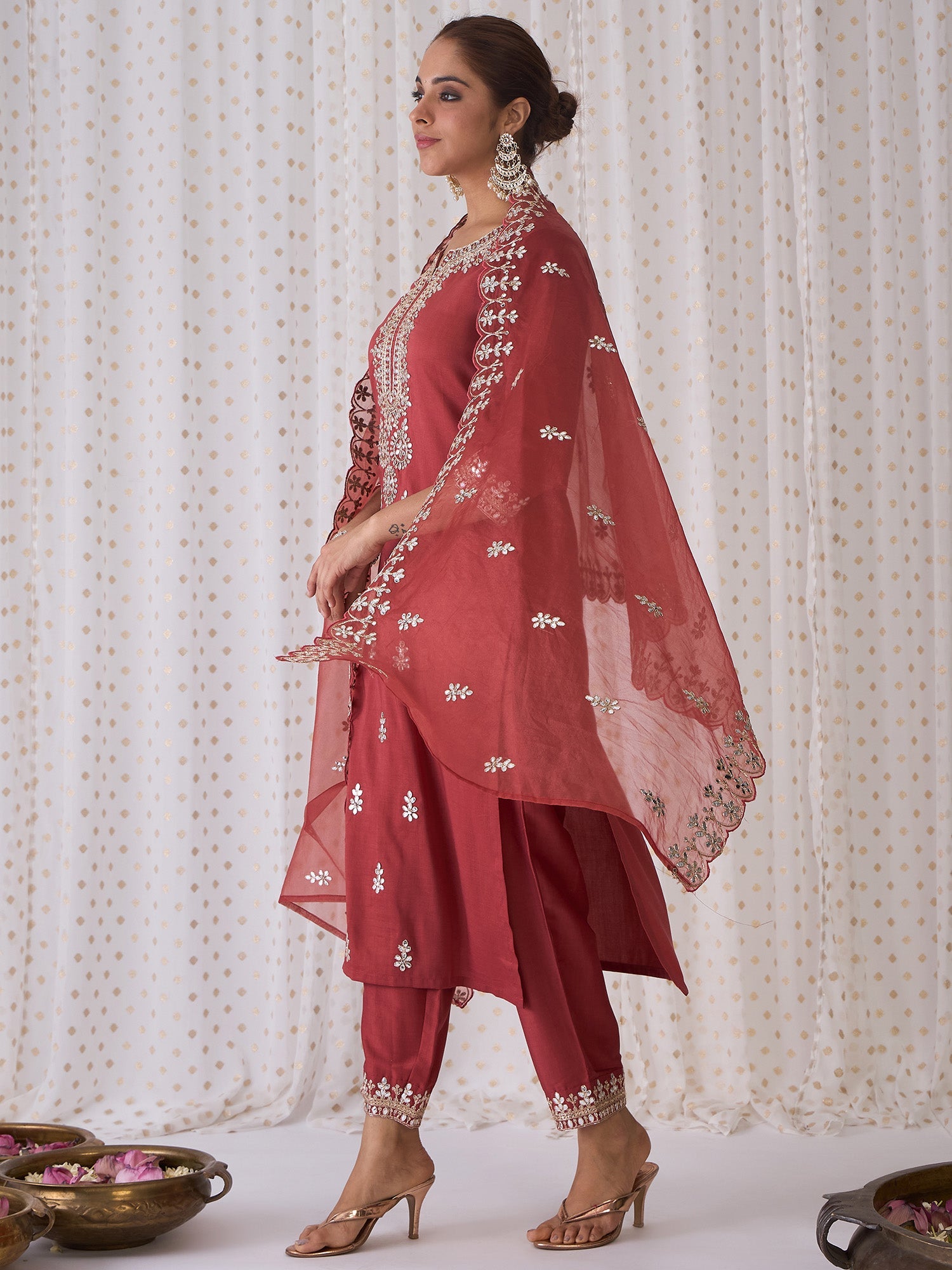 Indo Era Rust Embroidered Straight Kurta Trousers With Dupatta set