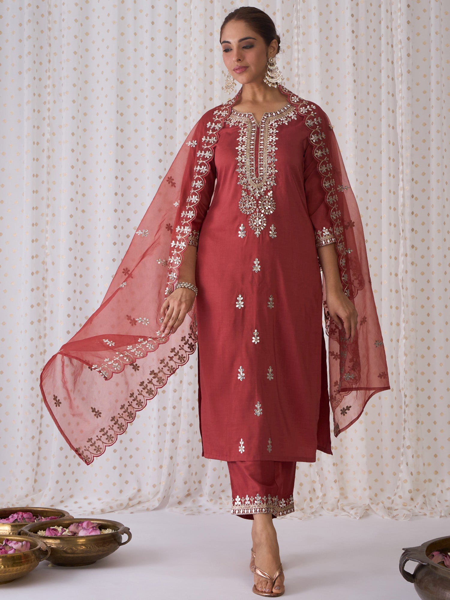 Indo Era Rust Embroidered Straight Kurta Trousers With Dupatta set