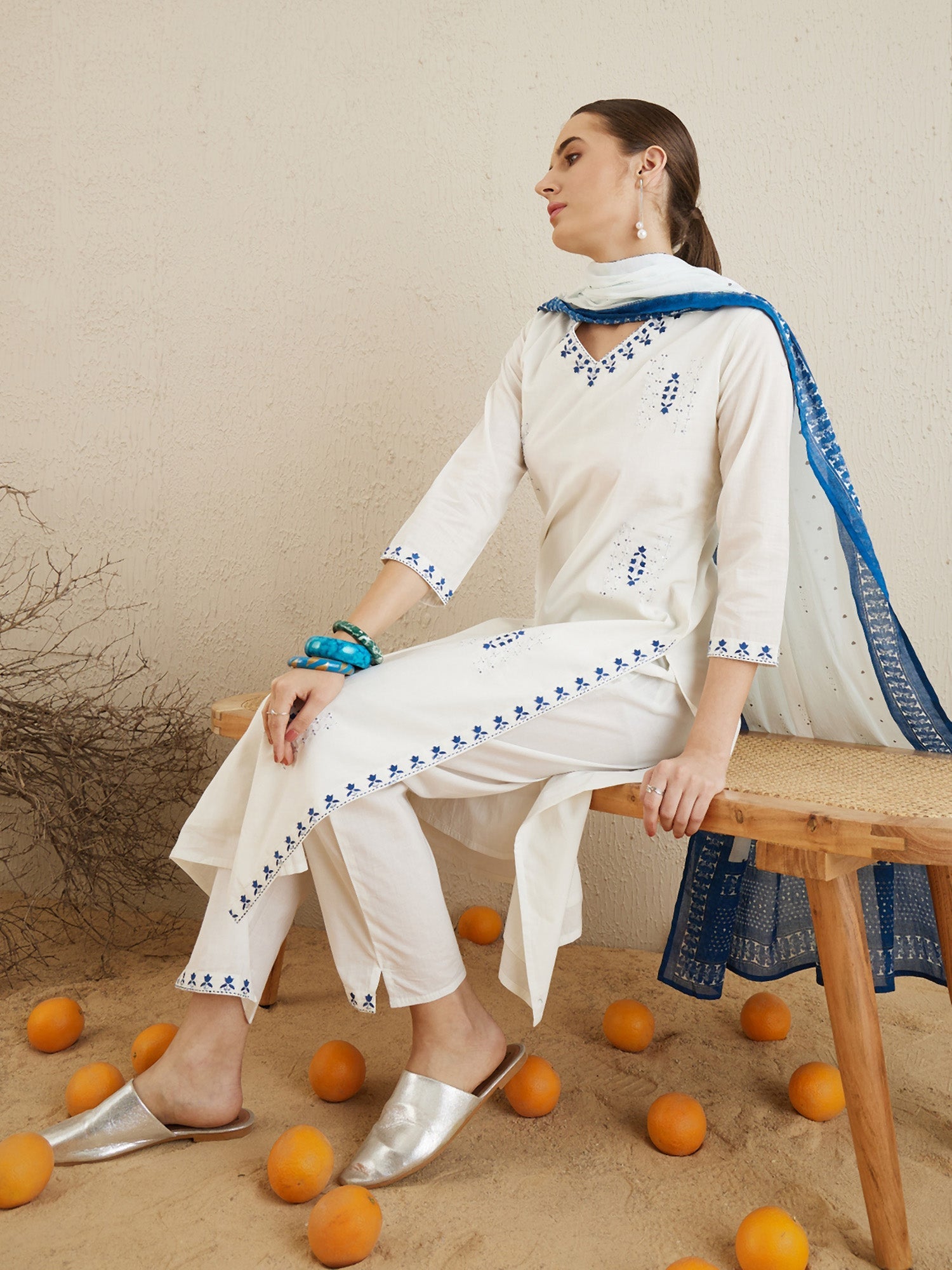 Indo Era Off White Embroidered Straight Kurta Trousers With Dupatta set