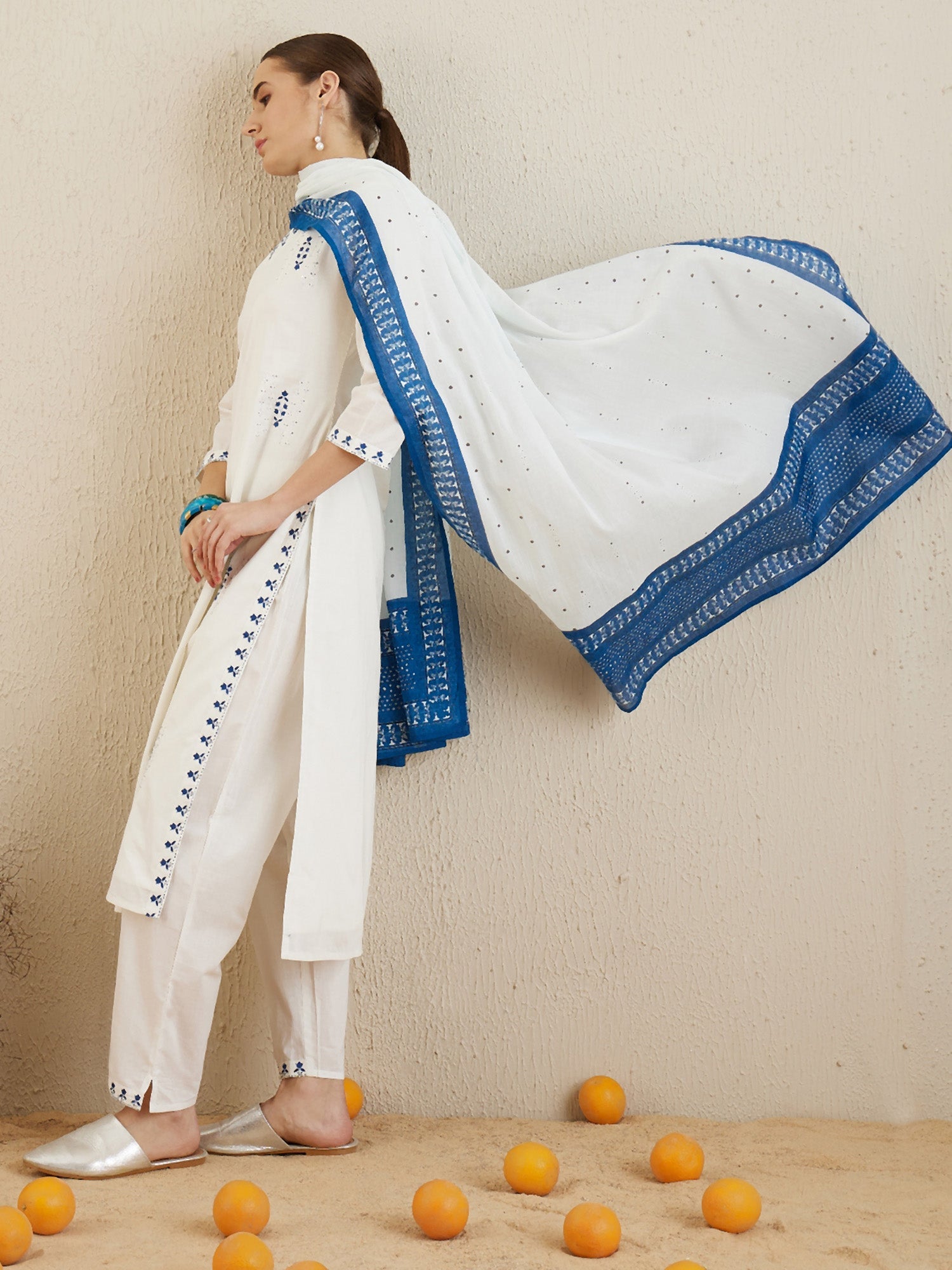 Indo Era Off White Embroidered Straight Kurta Trousers With Dupatta set