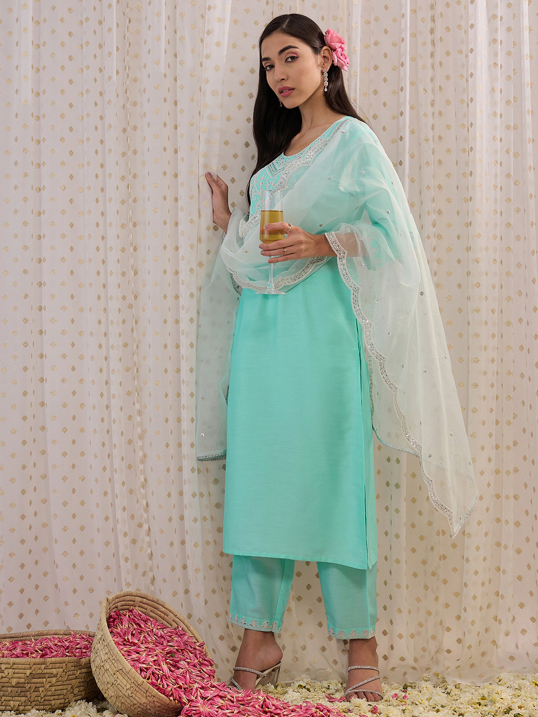 Indo Era Blue Embroidered Straight Kurta Trousers With Dupatta set
