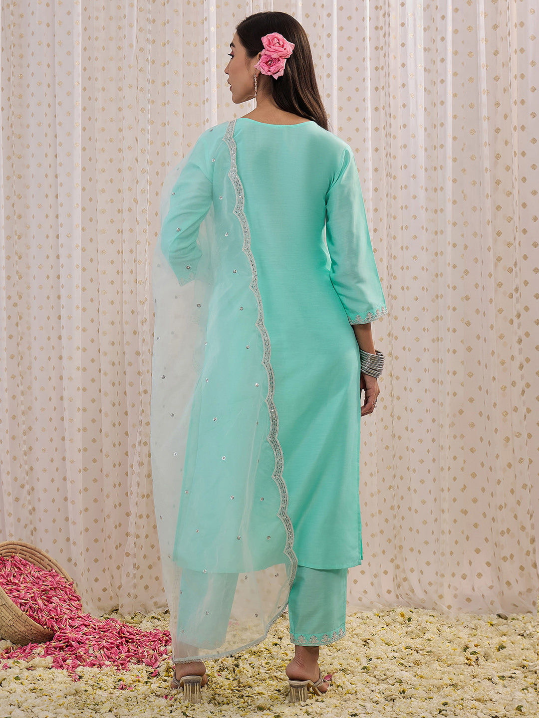 Indo Era Blue Embroidered Straight Kurta Trousers With Dupatta set